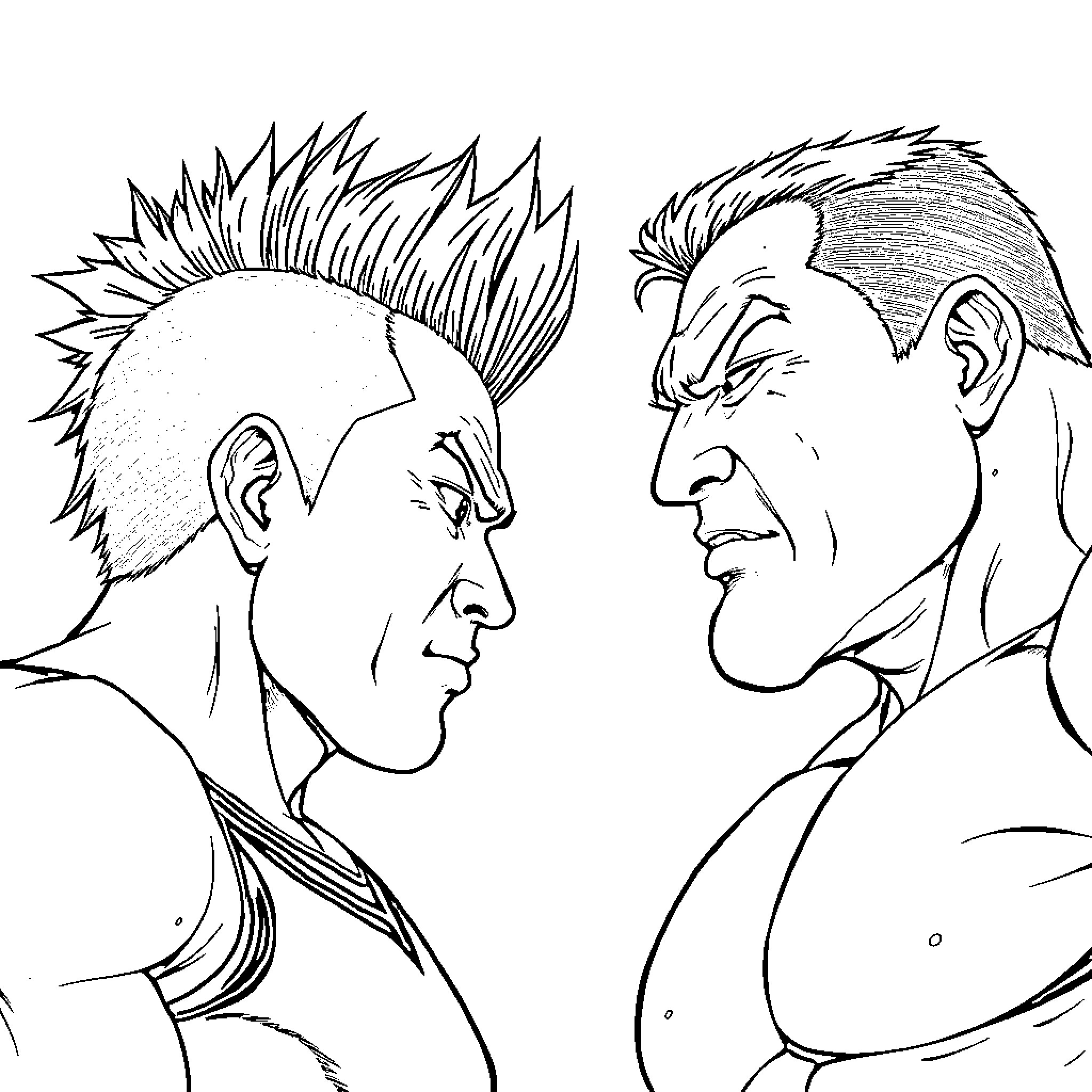 Men with Punk Hairstyles Facing Off Coloring Page (free black-and-white line drawing printable PDF for all, from beginners to advanced learners, including children, teens, adults, and seniors)