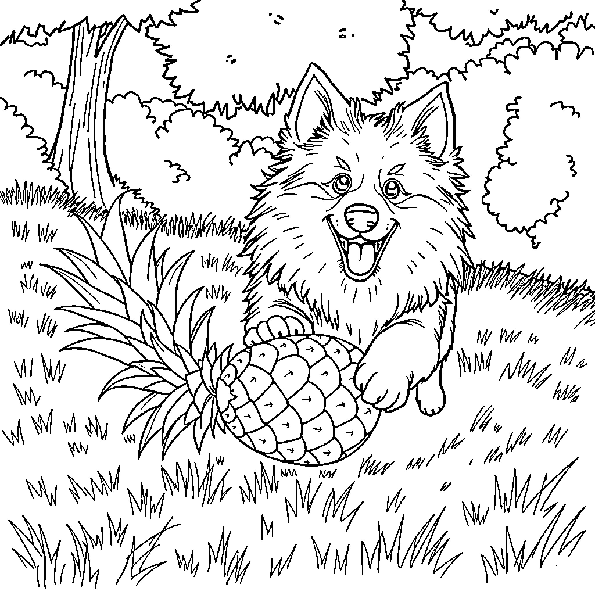 Sheltie playing happily in the forest Coloring Page (free black-and-white line drawing printable PDF for all, from beginners to advanced learners, including children, teens, adults, and seniors)