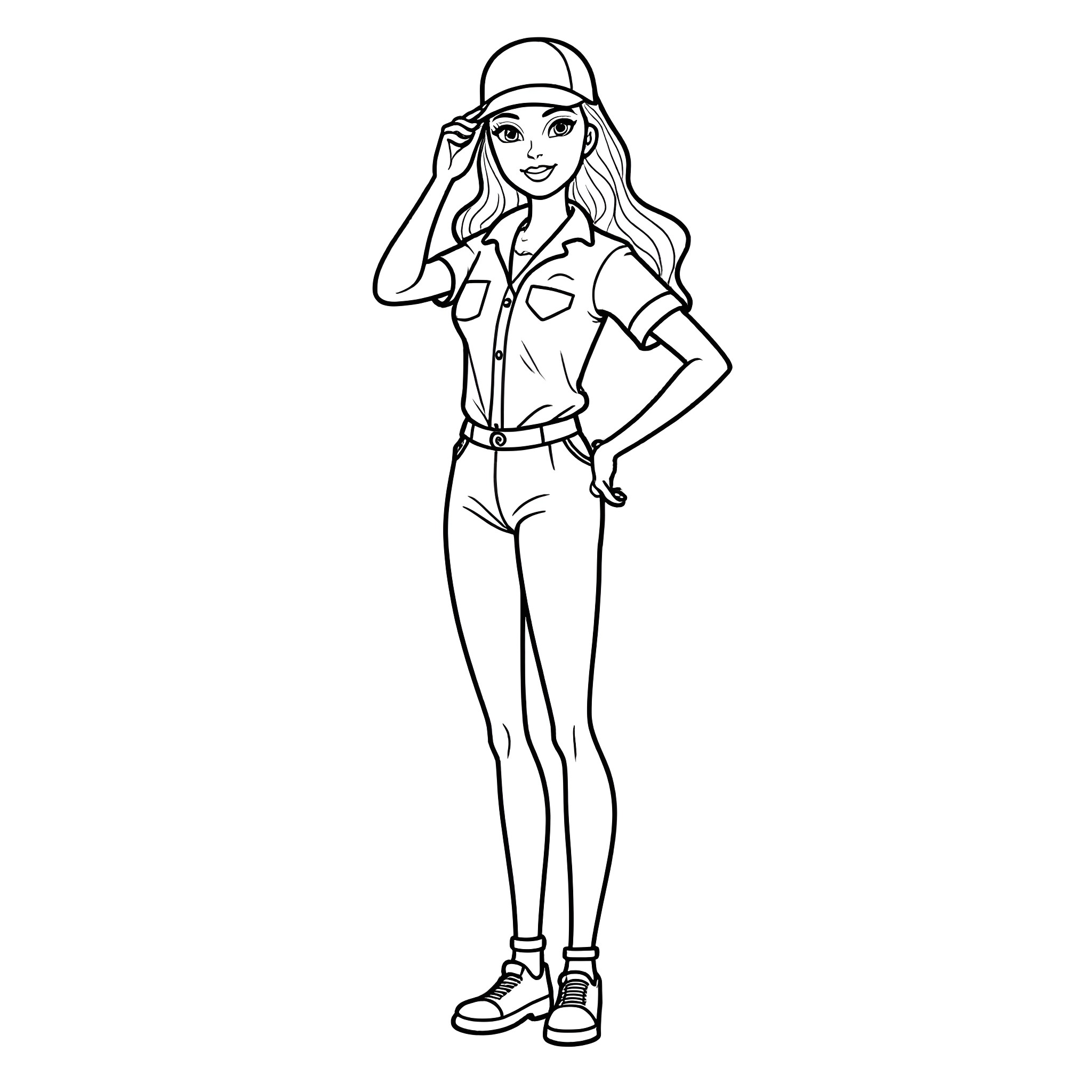 Barbie in casual work outfit posing confidently Coloring Page (free black-and-white line drawing printable PDF for all, from beginners to advanced learners, including children, teens, adults, and seniors)