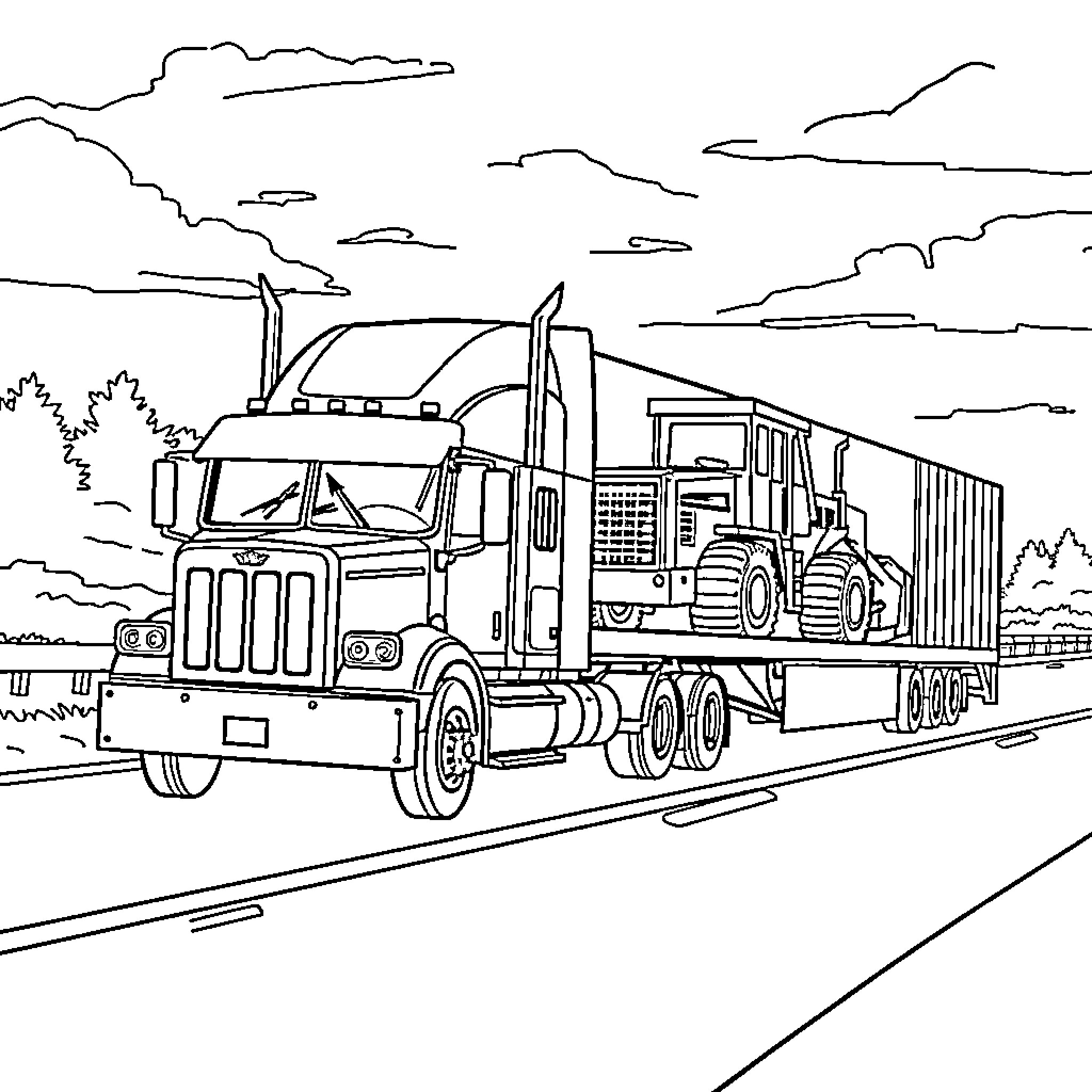Truck transporting cargo on highway with clouds Coloring Page (free black-and-white line drawing printable PDF for all, from beginners to advanced learners, including children, teens, adults, and seniors)