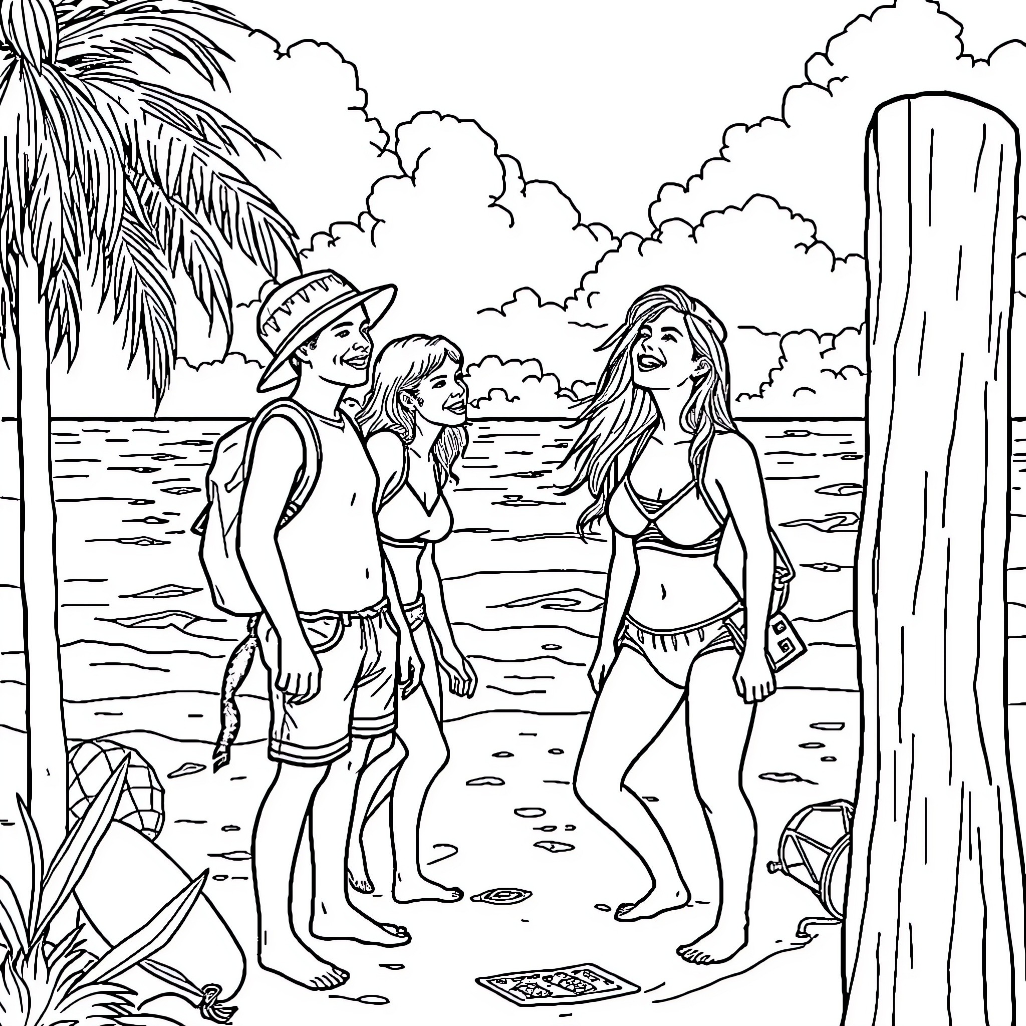 Teens enjoying a beach vacation Coloring Page (free black-and-white line drawing printable PDF for all, from beginners to advanced learners, including children, teens, adults, and seniors)