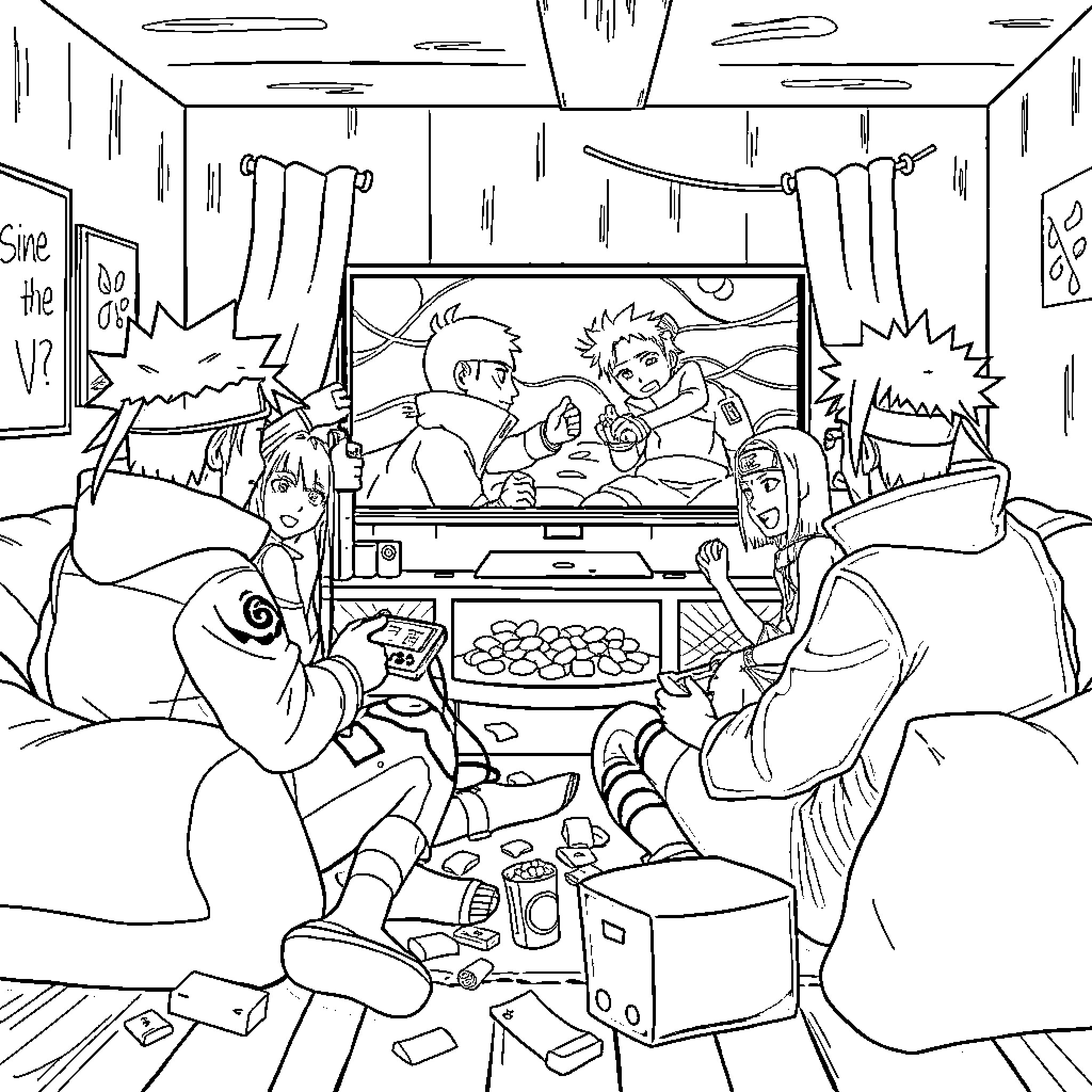 Naruto characters playing video games together Coloring Page (free black-and-white line drawing printable PDF for all, from beginners to advanced learners, including children, teens, adults, and seniors)