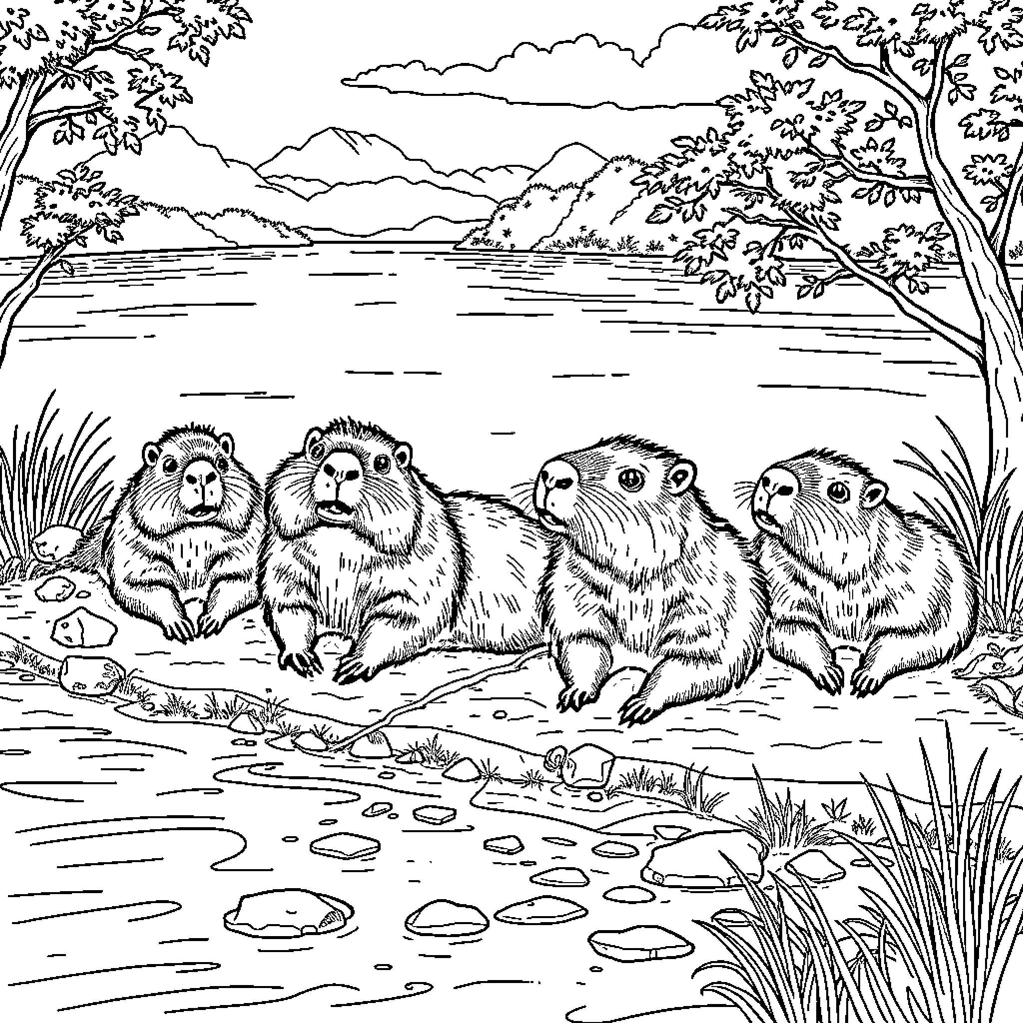Capybara gathering by the lakeside Coloring Page (free black-and-white line drawing printable PDF for all, from beginners to advanced learners, including children, teens, adults, and seniors)