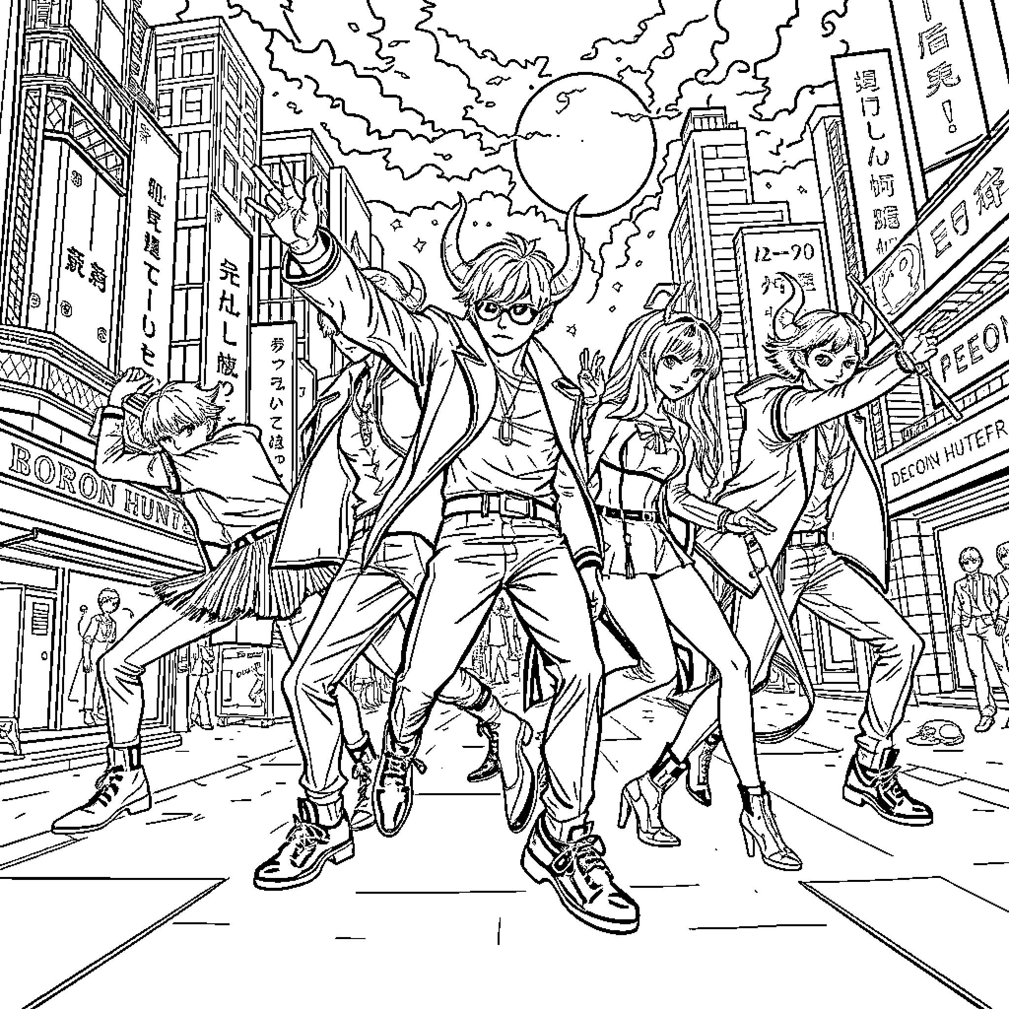 Demon Hunter Trio Faces Supernatural Foes in the City Coloring Page (free black-and-white line drawing printable PDF for all, from beginners to advanced learners, including children, teens, adults, and seniors)