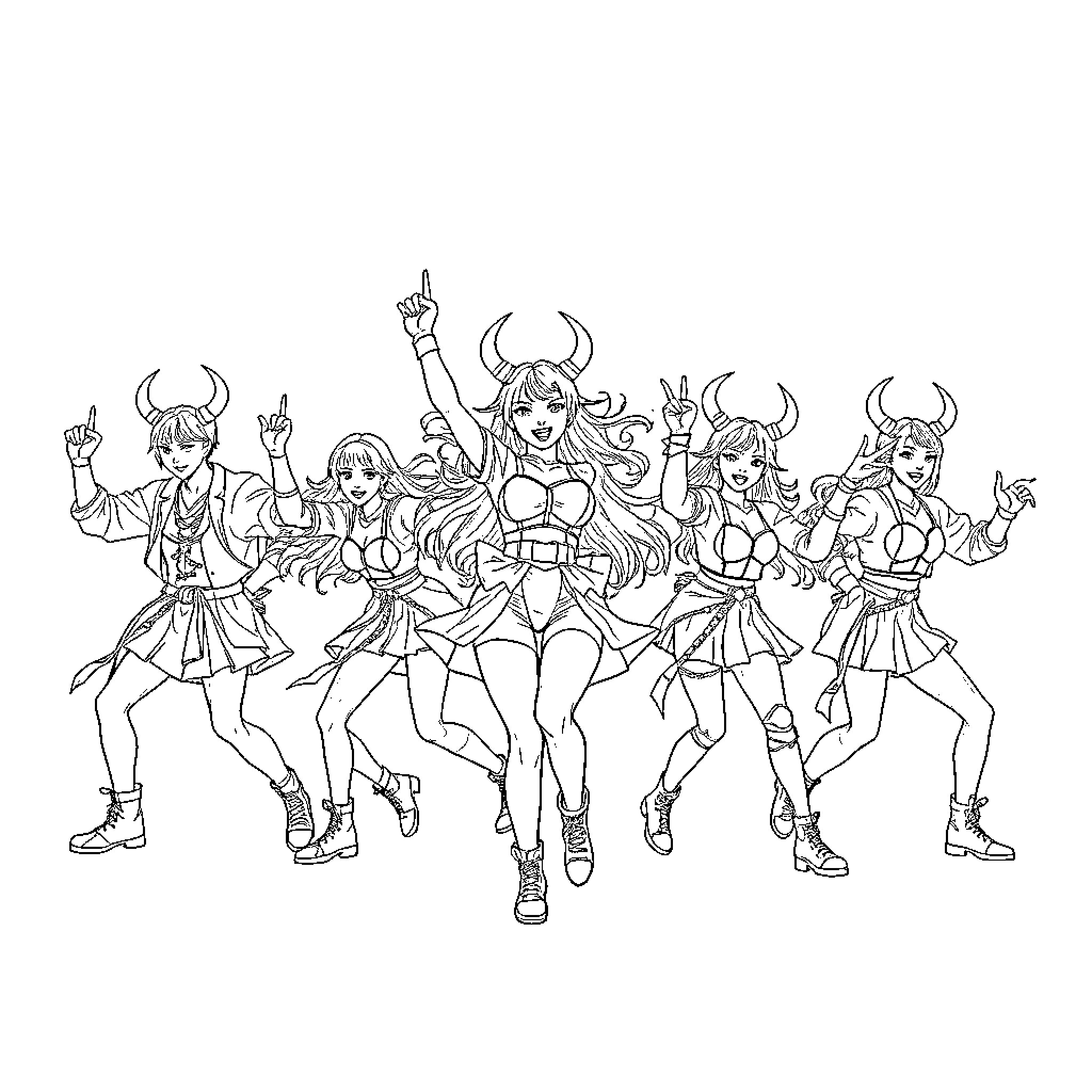 Demon Hunter Squad in Action Poses Coloring Page (free black-and-white line drawing printable PDF for all, from beginners to advanced learners, including children, teens, adults, and seniors)
