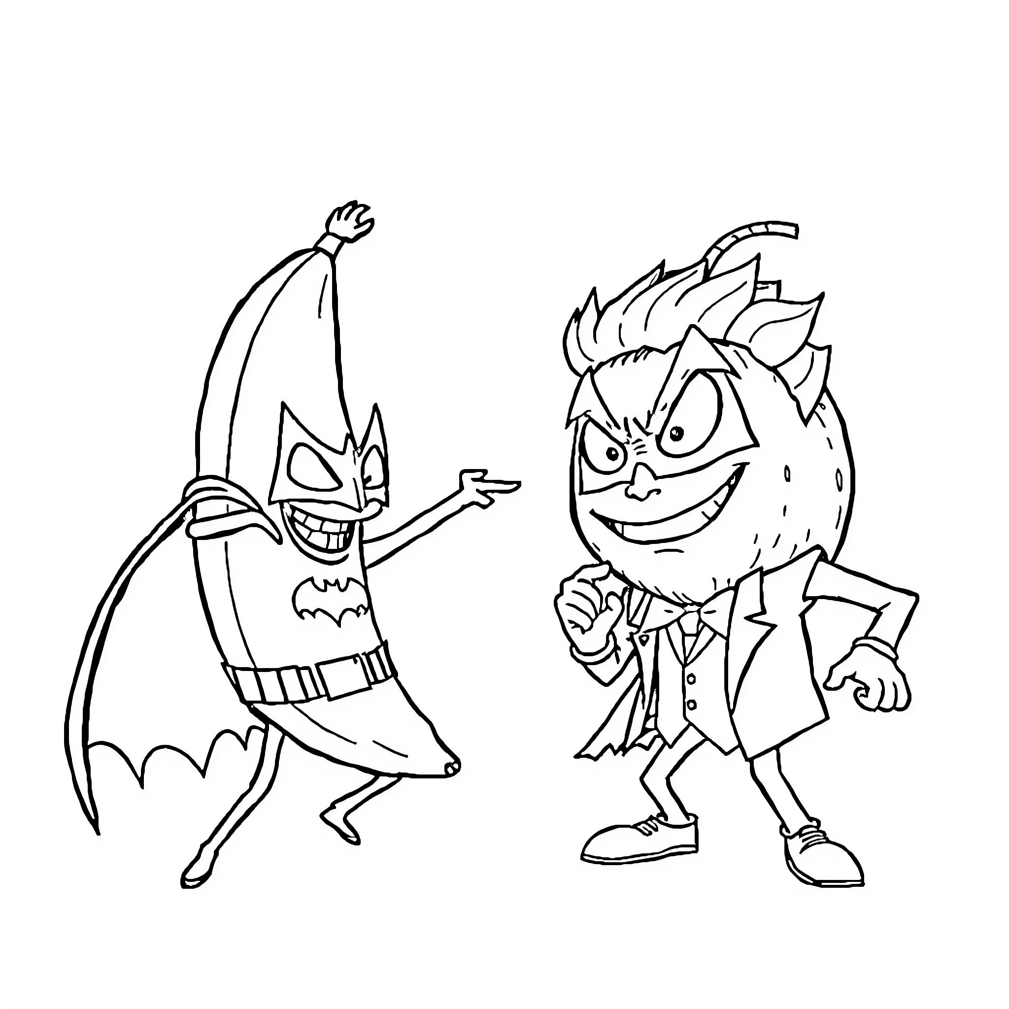 Banana characters in comical poses Coloring Page (free black-and-white line drawing printable PDF for all, from beginners to advanced learners, including children, teens, adults, and seniors)