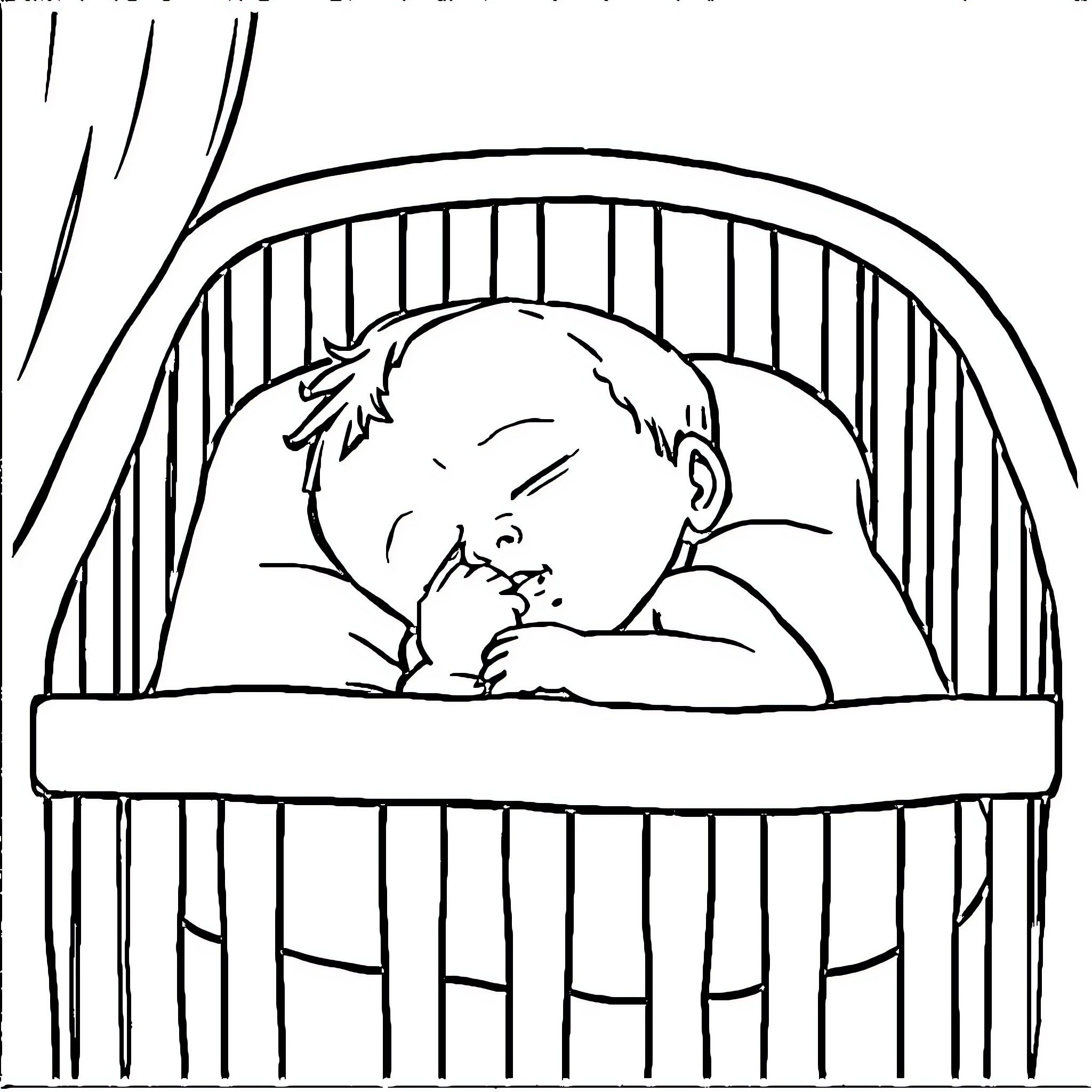 Infant sleeping peacefully in crib Coloring Page (free black-and-white line drawing printable PDF for all, from beginners to advanced learners, including children, teens, adults, and seniors)