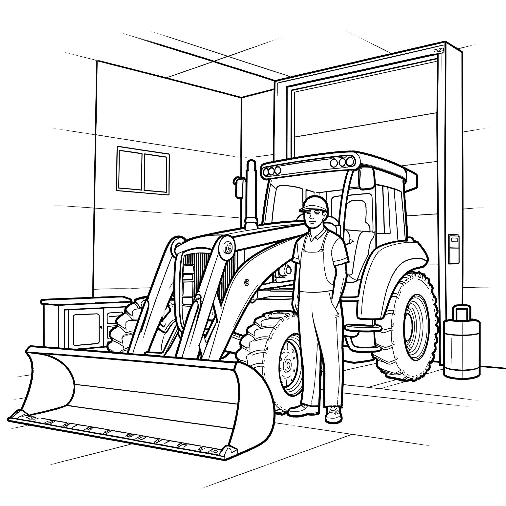 Mechanic working on heavy construction equipment Coloring Page (free black-and-white line drawing printable PDF for all, from beginners to advanced learners, including children, teens, adults, and seniors)
