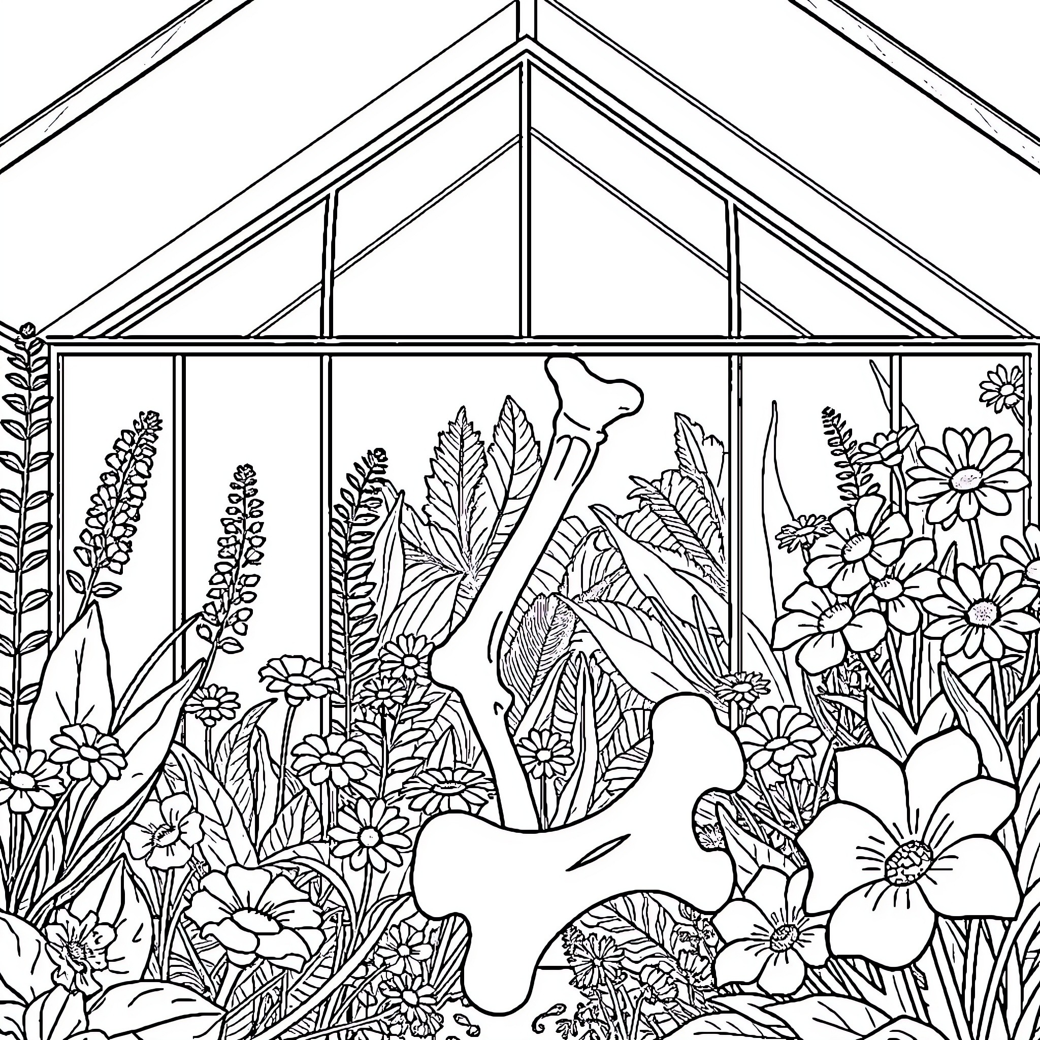 Plant-filled greenhouse with diverse floral scenery Coloring Page (free black-and-white line drawing printable PDF for all, from beginners to advanced learners, including children, teens, adults, and seniors)