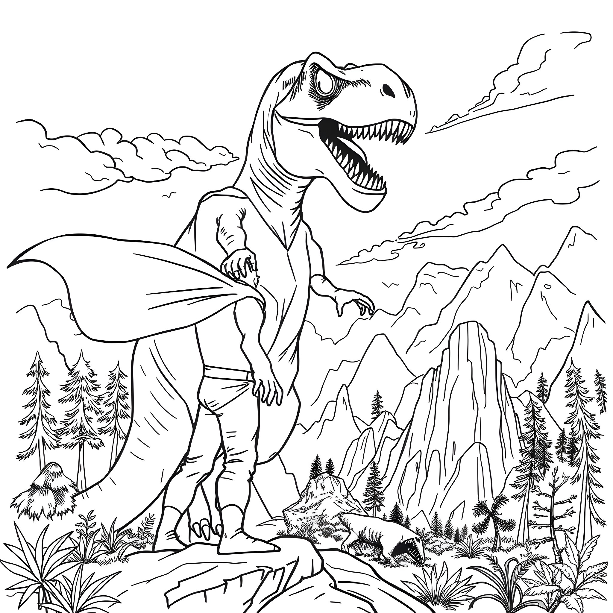 Dad's Prehistoric Adventure with Mighty Dinosaur Coloring Page (free black-and-white line drawing printable PDF for all, from beginners to advanced learners, including children, teens, adults, and seniors)
