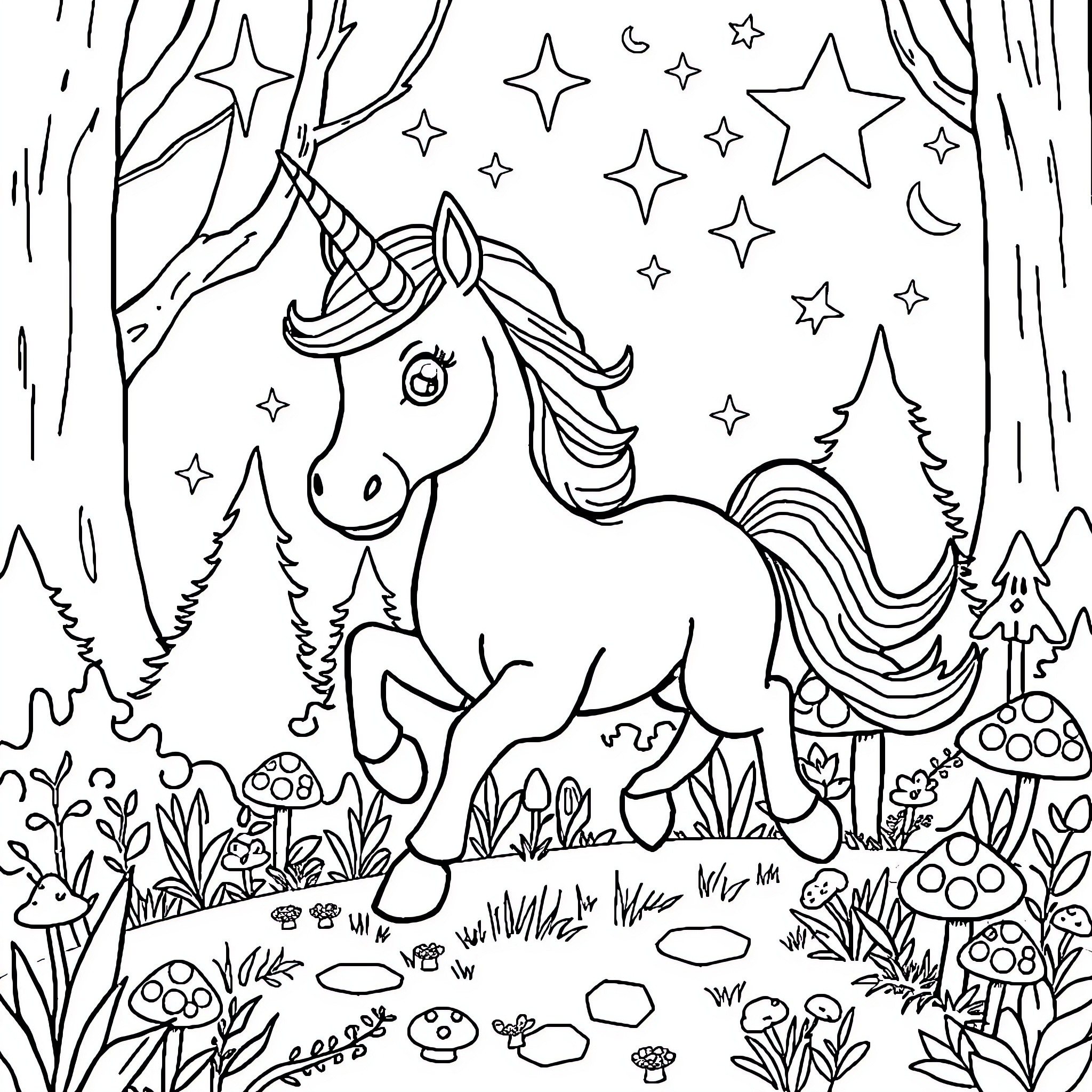 Unicorn frolicking in a magical forest Coloring Page (free black-and-white line drawing printable PDF for all, from beginners to advanced learners, including children, teens, adults, and seniors)