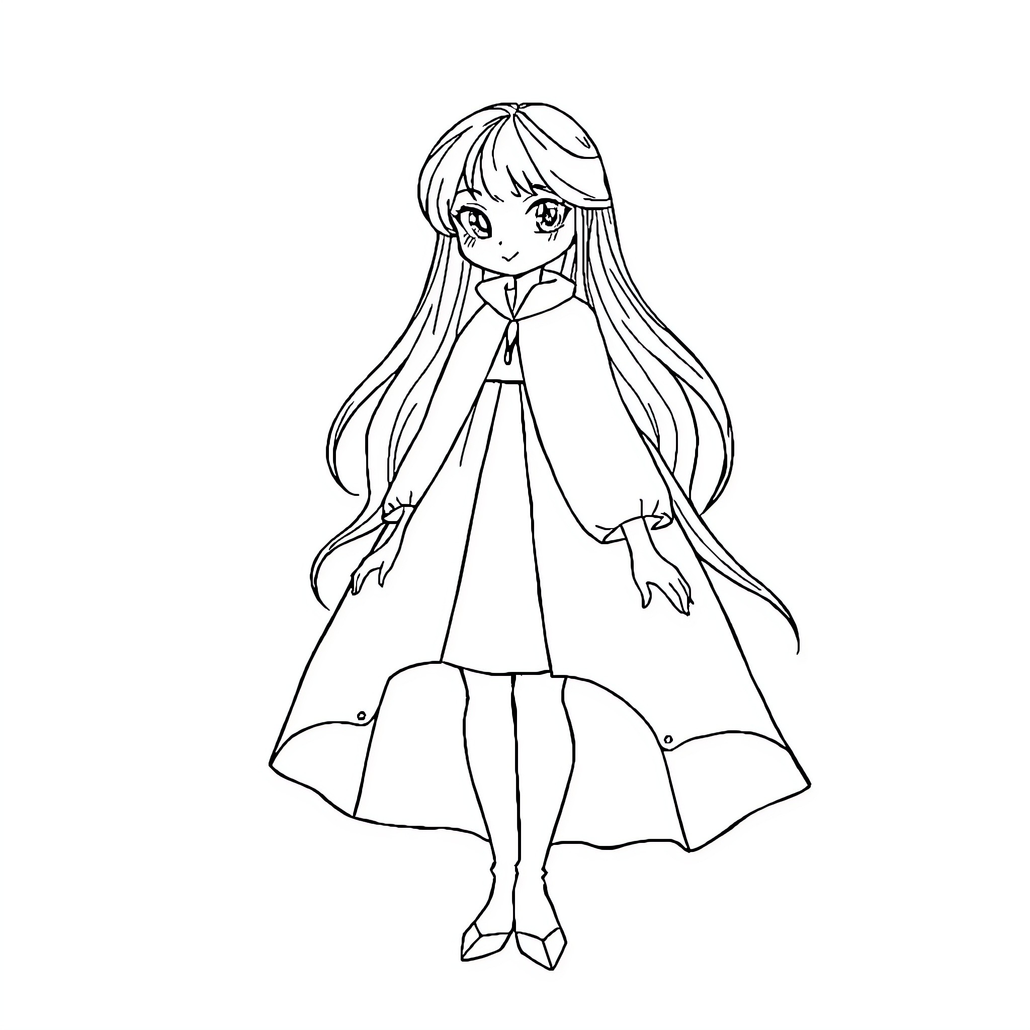 Doll in Flowing Dress with Long Hair Coloring Page (free black-and-white line drawing printable PDF for all, from beginners to advanced learners, including children, teens, adults, and seniors)