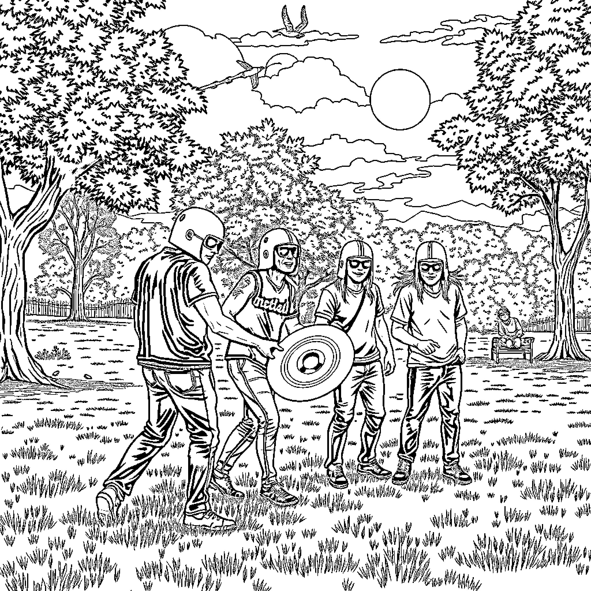 Metalhead band members performing in nature Coloring Page (free black-and-white line drawing printable PDF for all, from beginners to advanced learners, including children, teens, adults, and seniors)