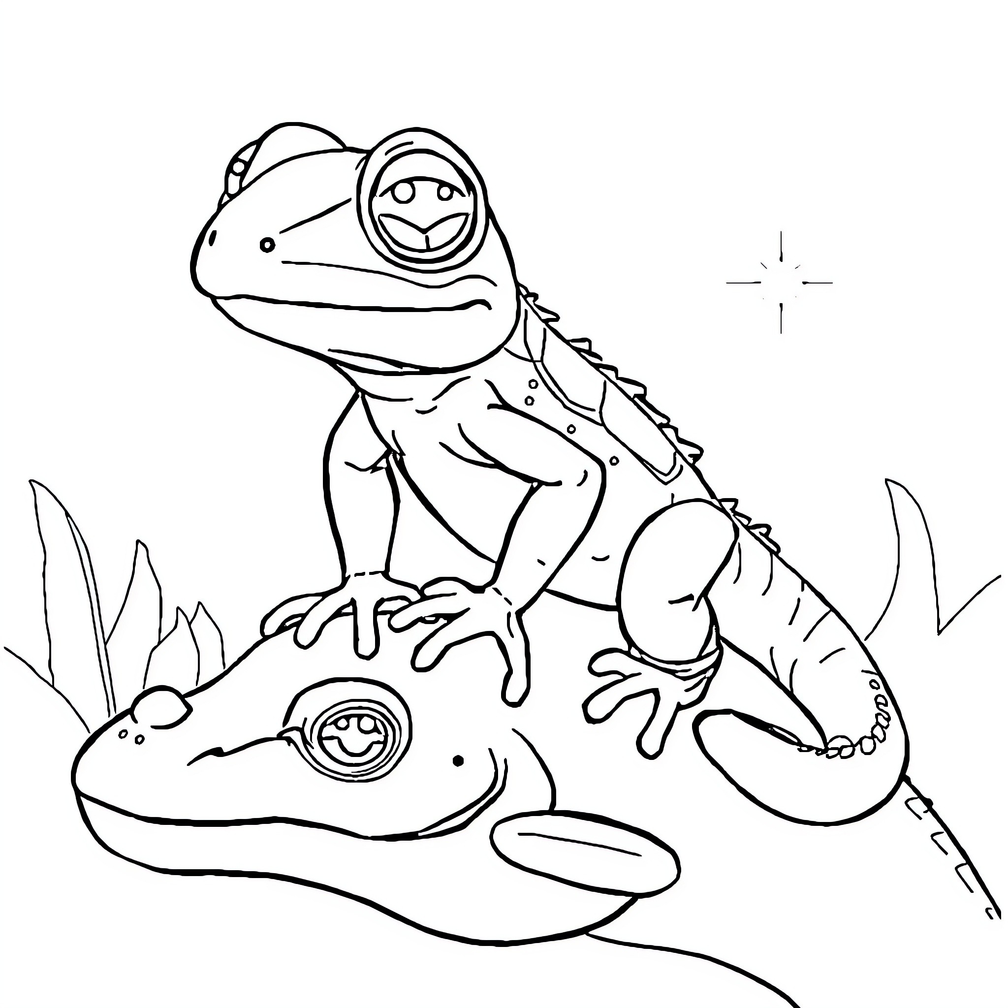Frog riding on alligator's back Coloring Page (free black-and-white line drawing printable PDF for all, from beginners to advanced learners, including children, teens, adults, and seniors)