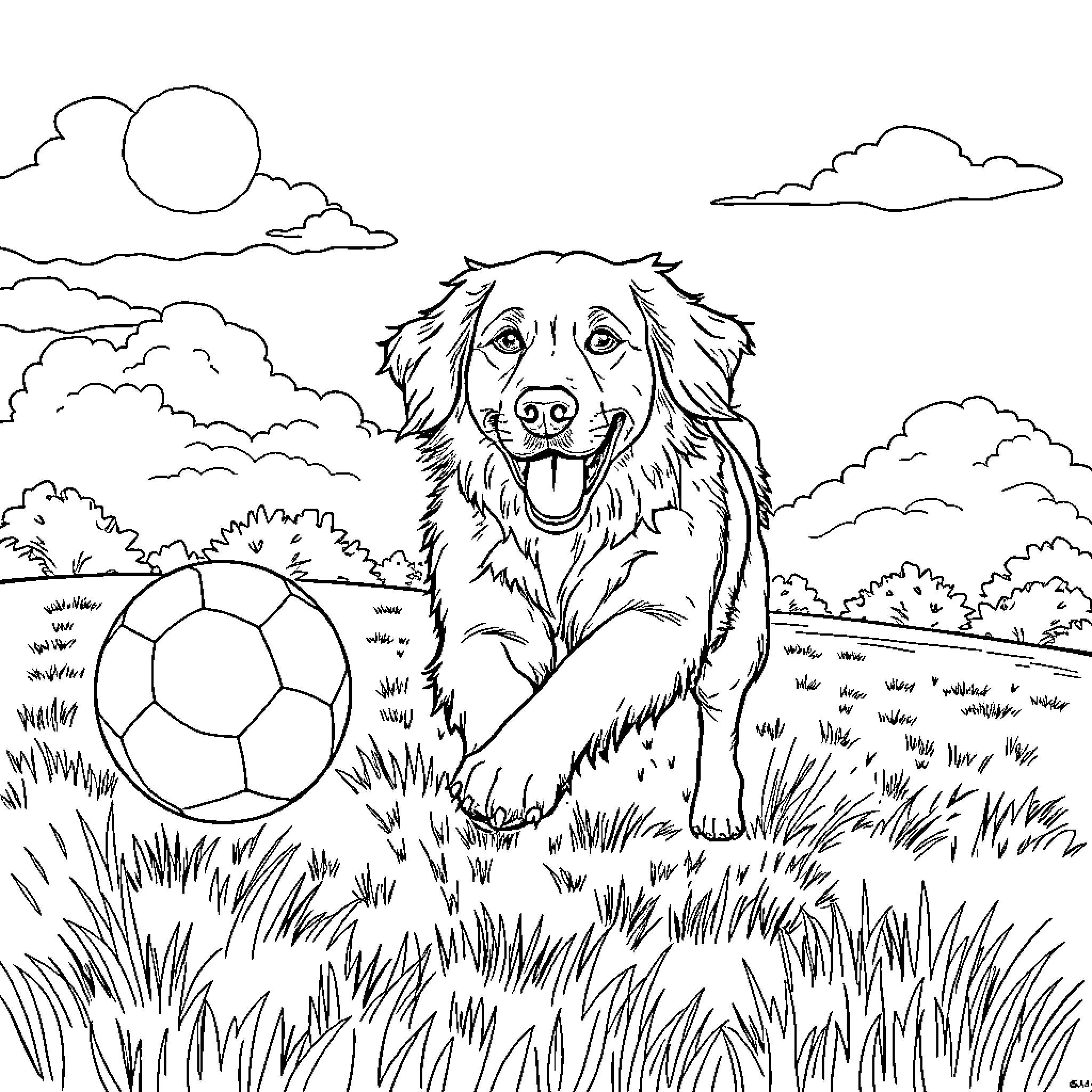 Golden Retriever playing joyfully with soccer ball in the field Coloring Page (free black-and-white line drawing printable PDF for all, from beginners to advanced learners, including children, teens, adults, and seniors)