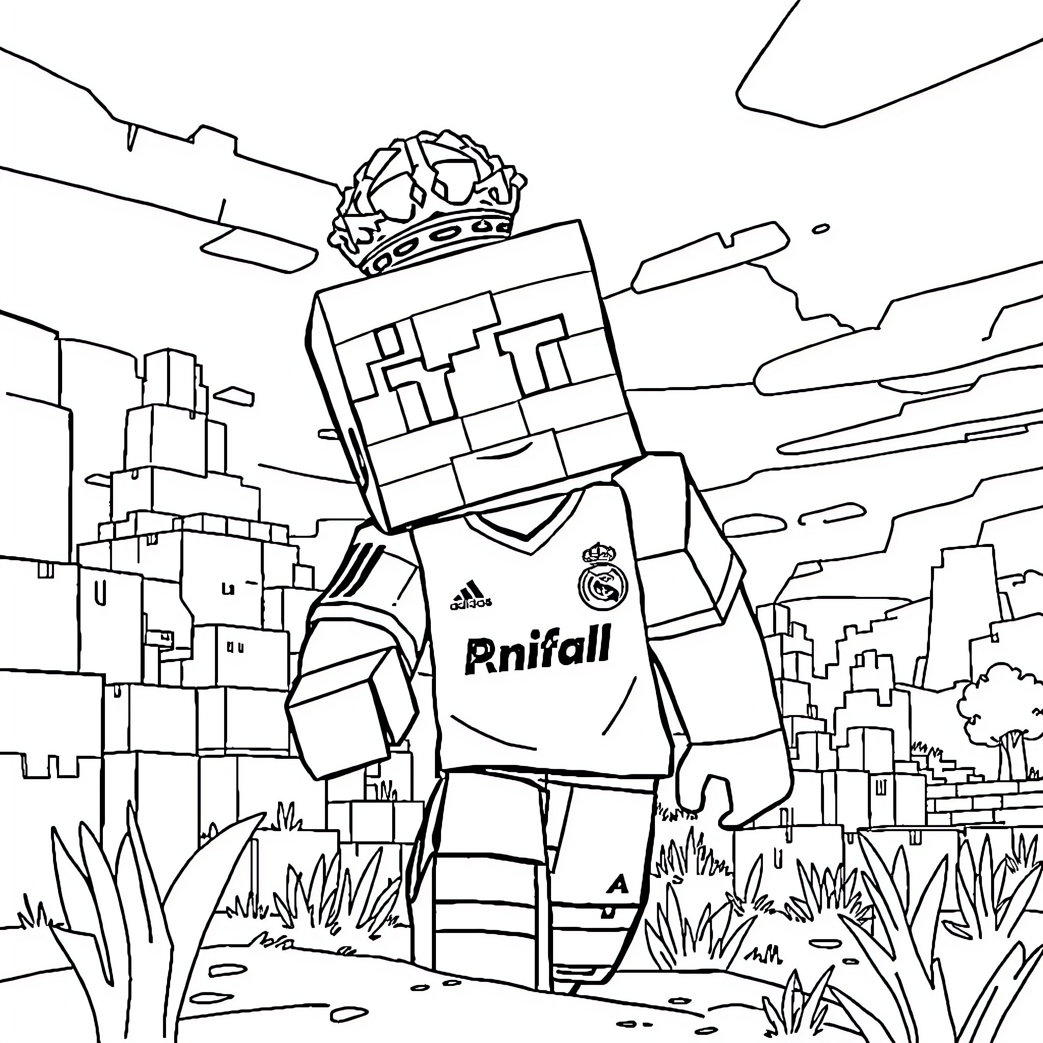 Real Madrid Player Stands Tall in Cityscape Coloring Page (free black-and-white line drawing printable PDF for all, from beginners to advanced learners, including children, teens, adults, and seniors)