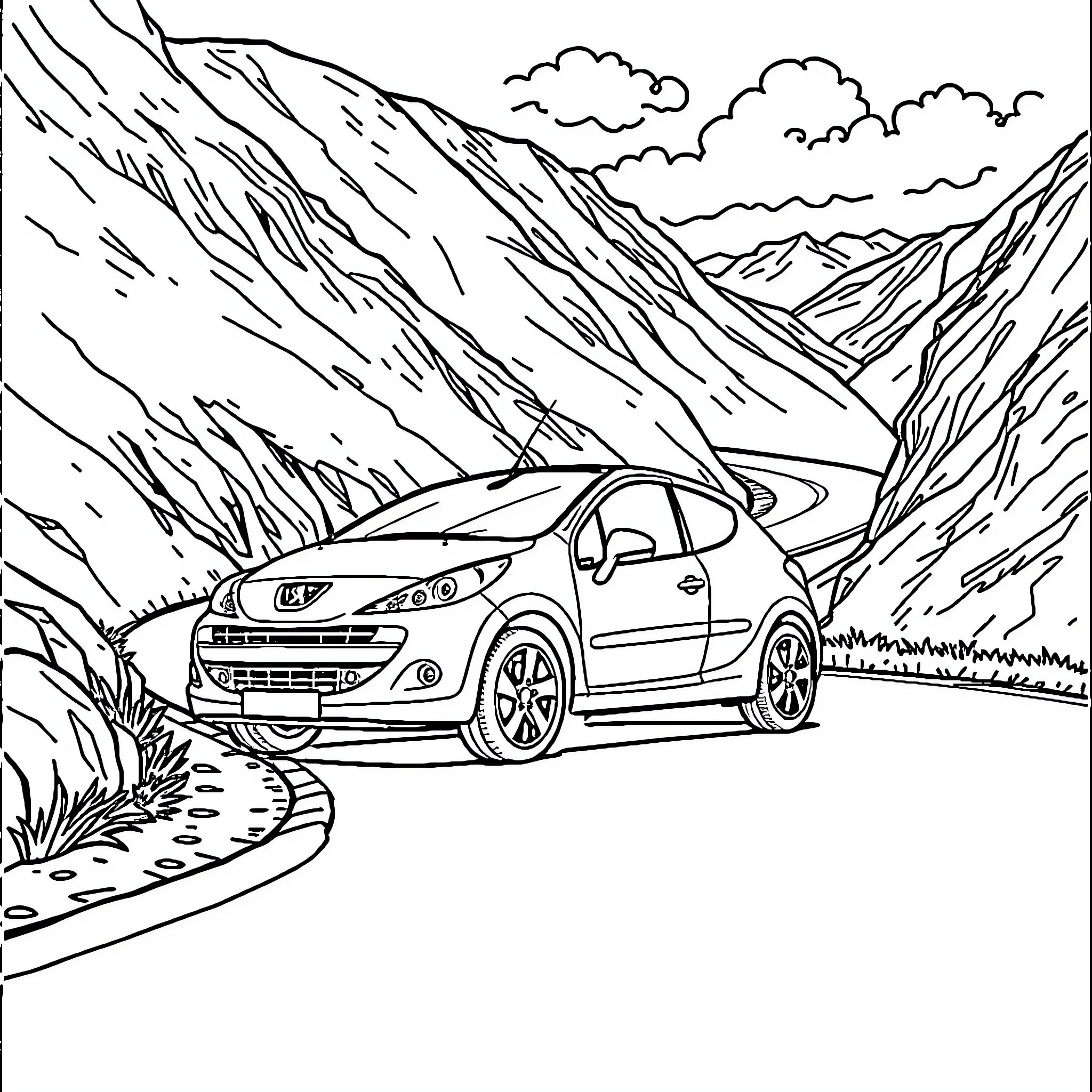 Peugeot car driving through mountainous landscape Coloring Page (free black-and-white line drawing printable PDF for all, from beginners to advanced learners, including children, teens, adults, and seniors)