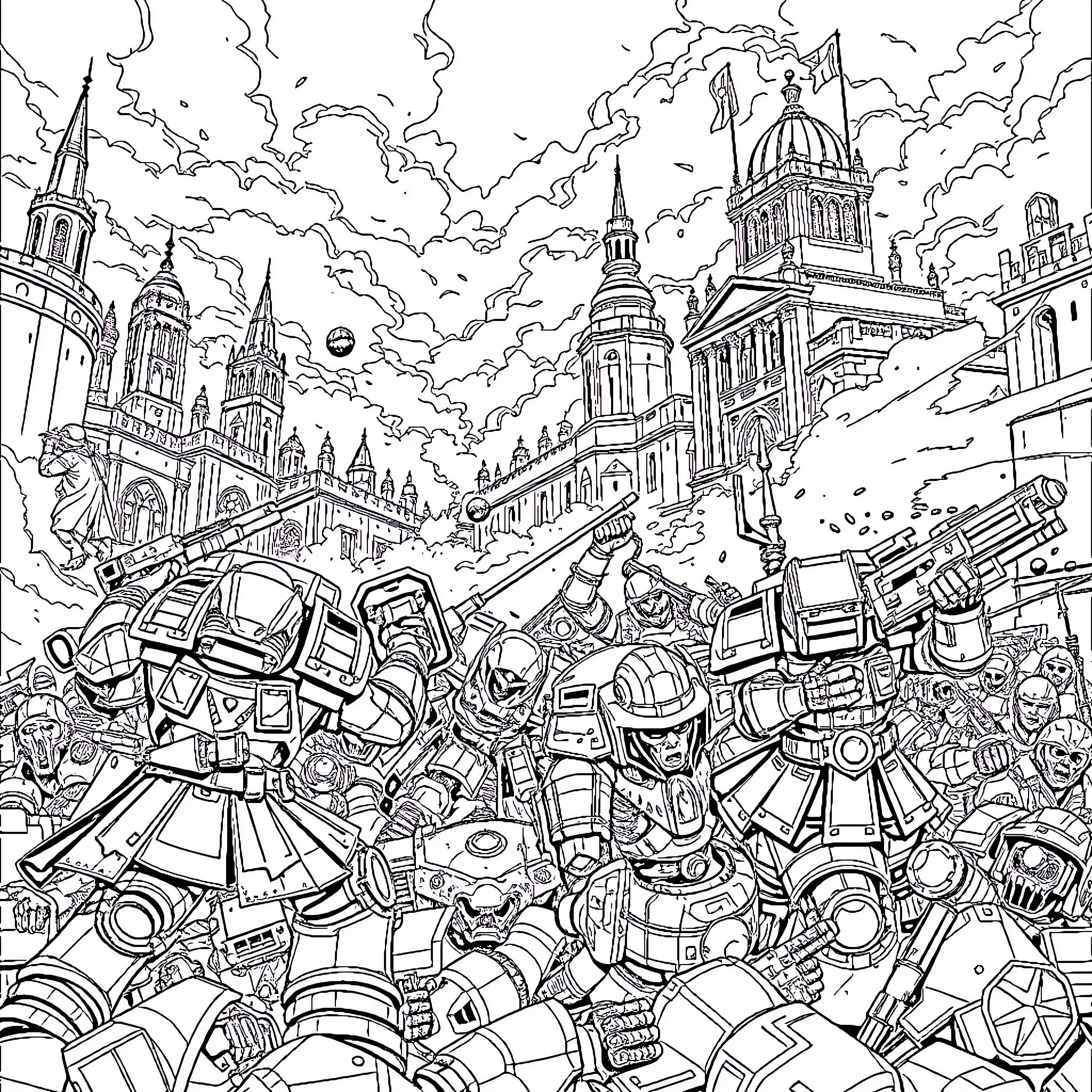 Warhammer: Epic Battle Unfolding in Ornate City Coloring Page (free black-and-white line drawing printable PDF for all, from beginners to advanced learners, including children, teens, adults, and seniors)