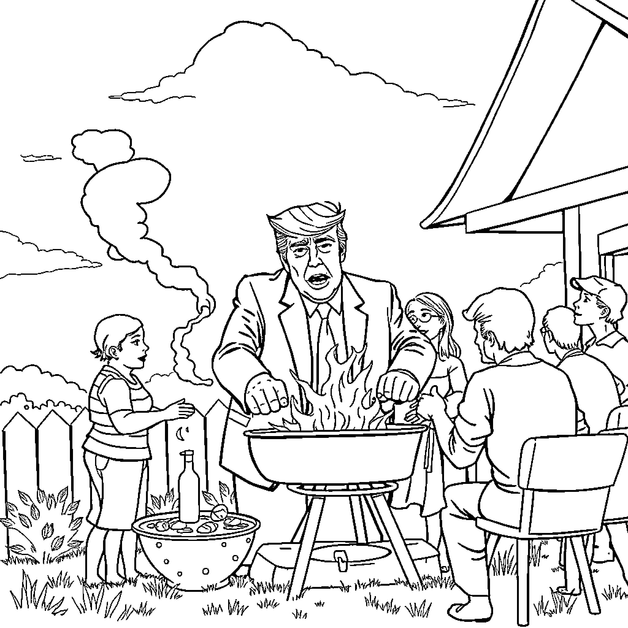 Trump hosting a backyard barbecue with supporters Coloring Page (free black-and-white line drawing printable PDF for all, from beginners to advanced learners, including children, teens, adults, and seniors)