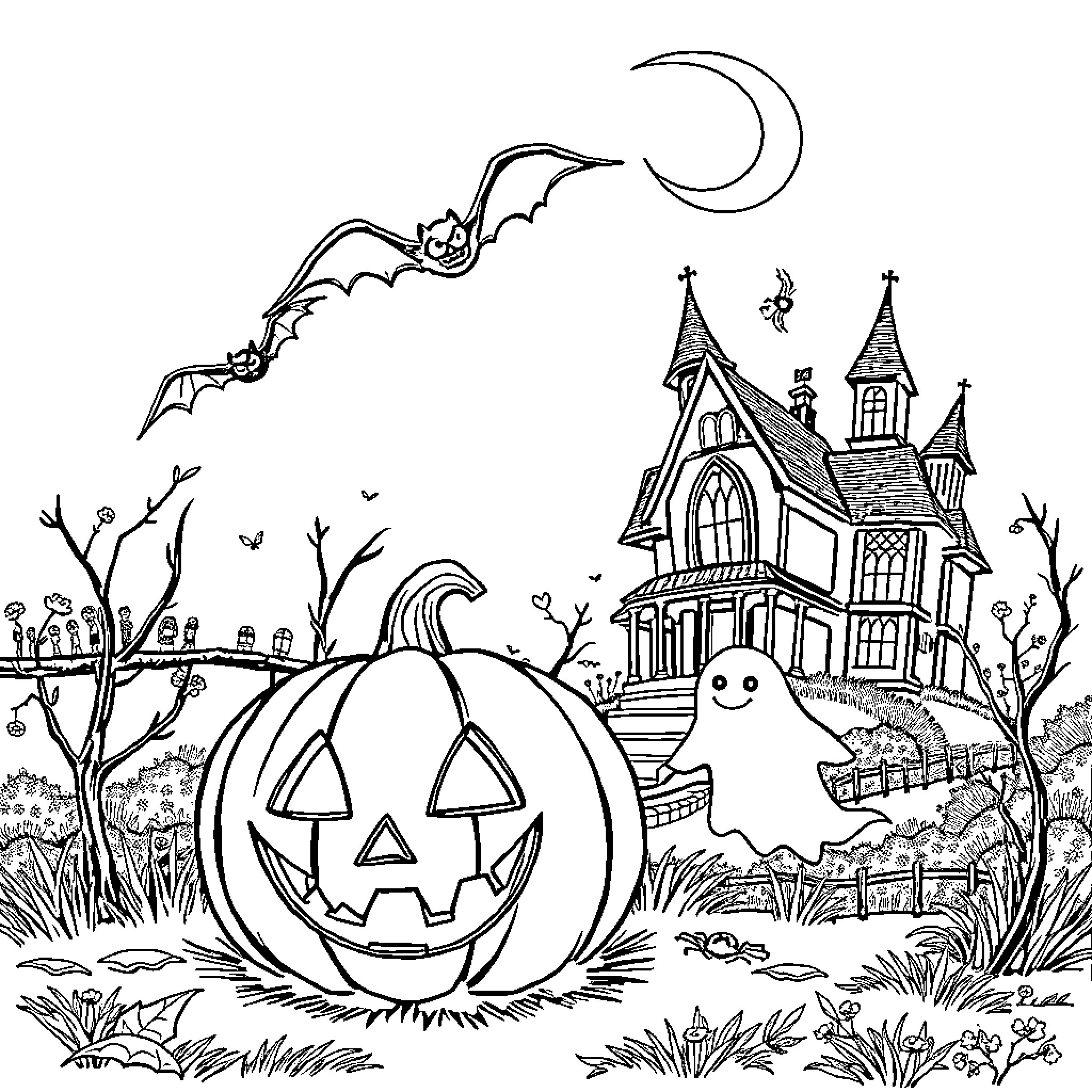 Jack-o'-lantern in a spooky Halloween scene Coloring Page (free black-and-white line drawing printable PDF for all, from beginners to advanced learners, including children, teens, adults, and seniors)
