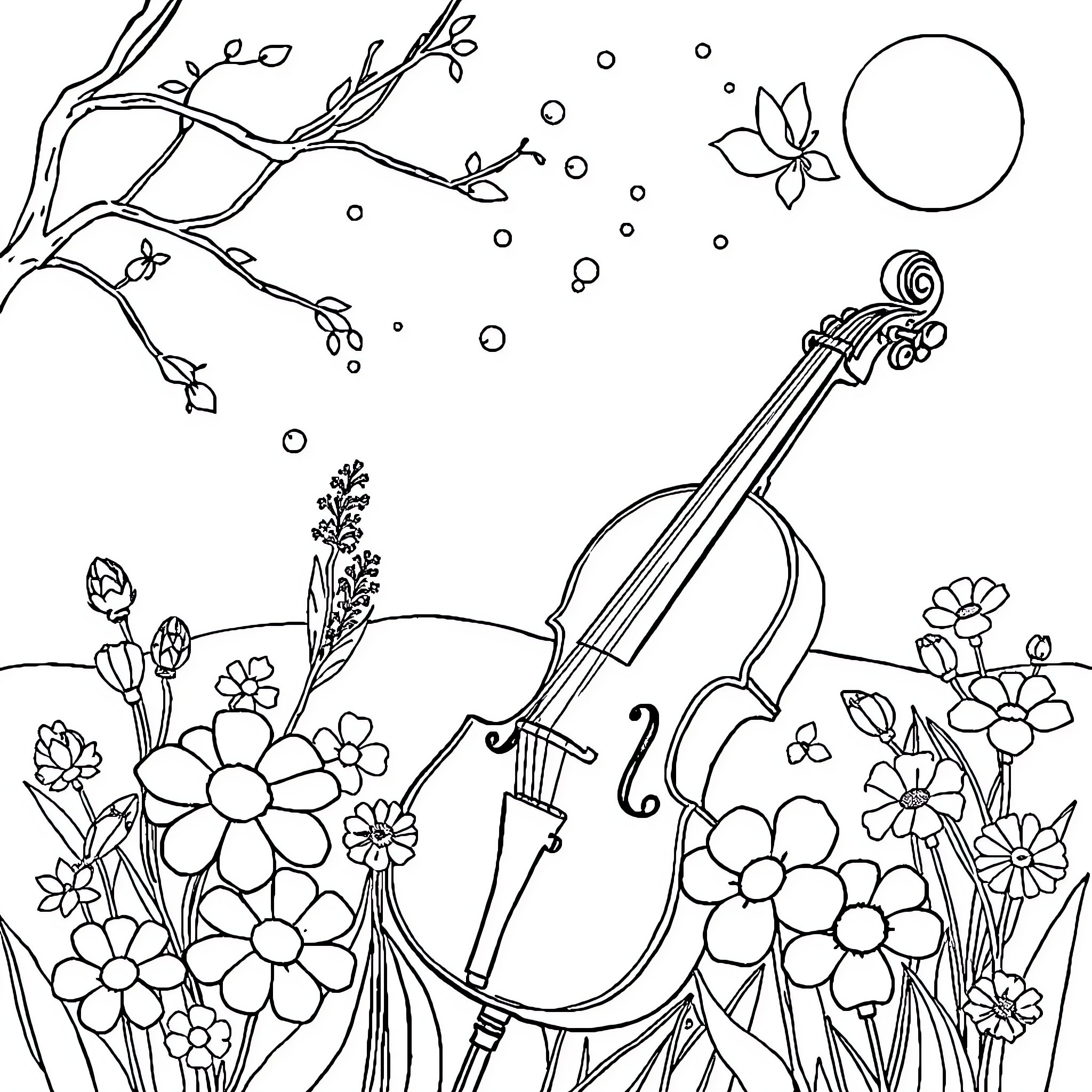 Imagination of musical nature with flowers and violin Coloring Page (free black-and-white line drawing printable PDF for all, from beginners to advanced learners, including children, teens, adults, and seniors)