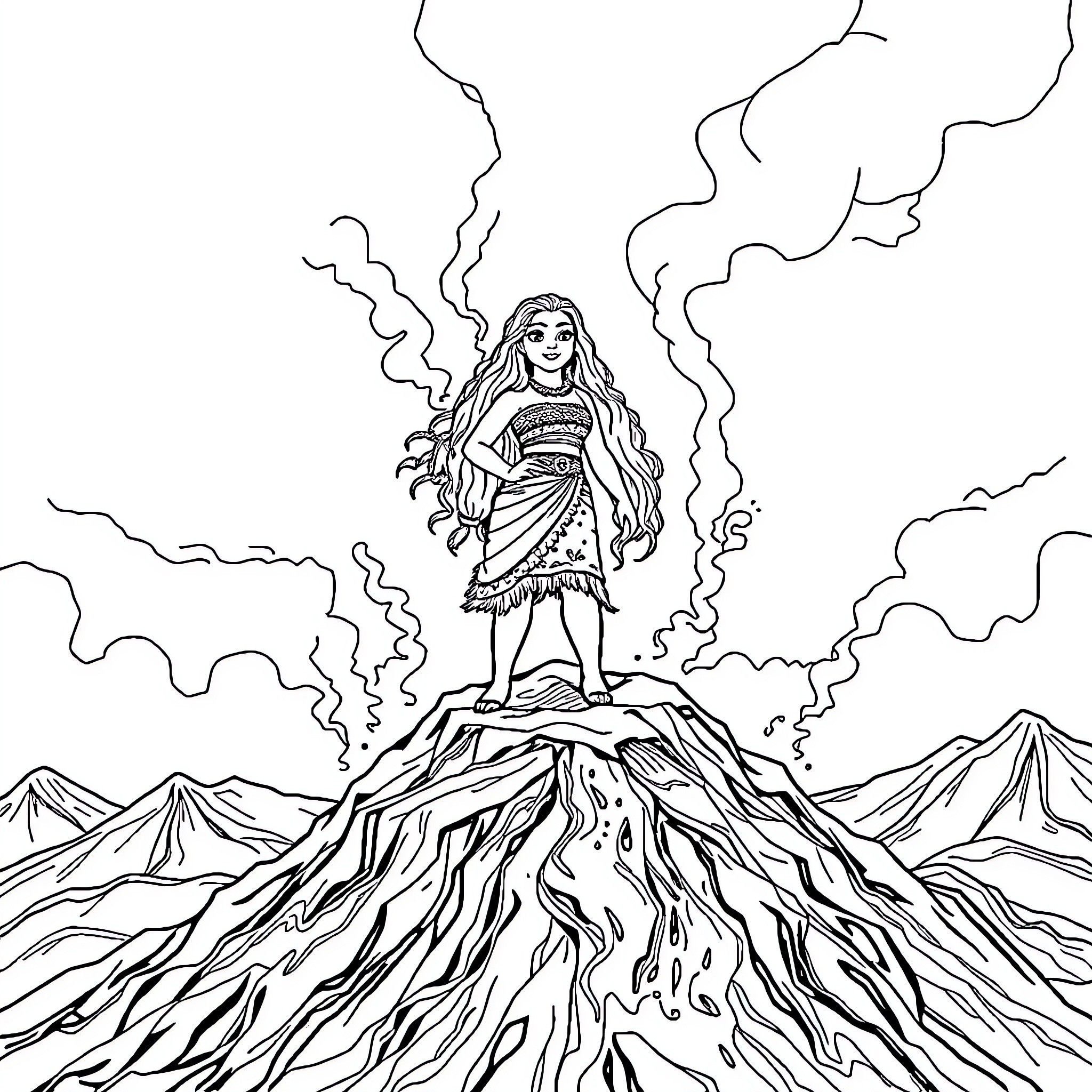 Moana exploring the volcanic landscape Coloring Page (free black-and-white line drawing printable PDF for all, from beginners to advanced learners, including children, teens, adults, and seniors)