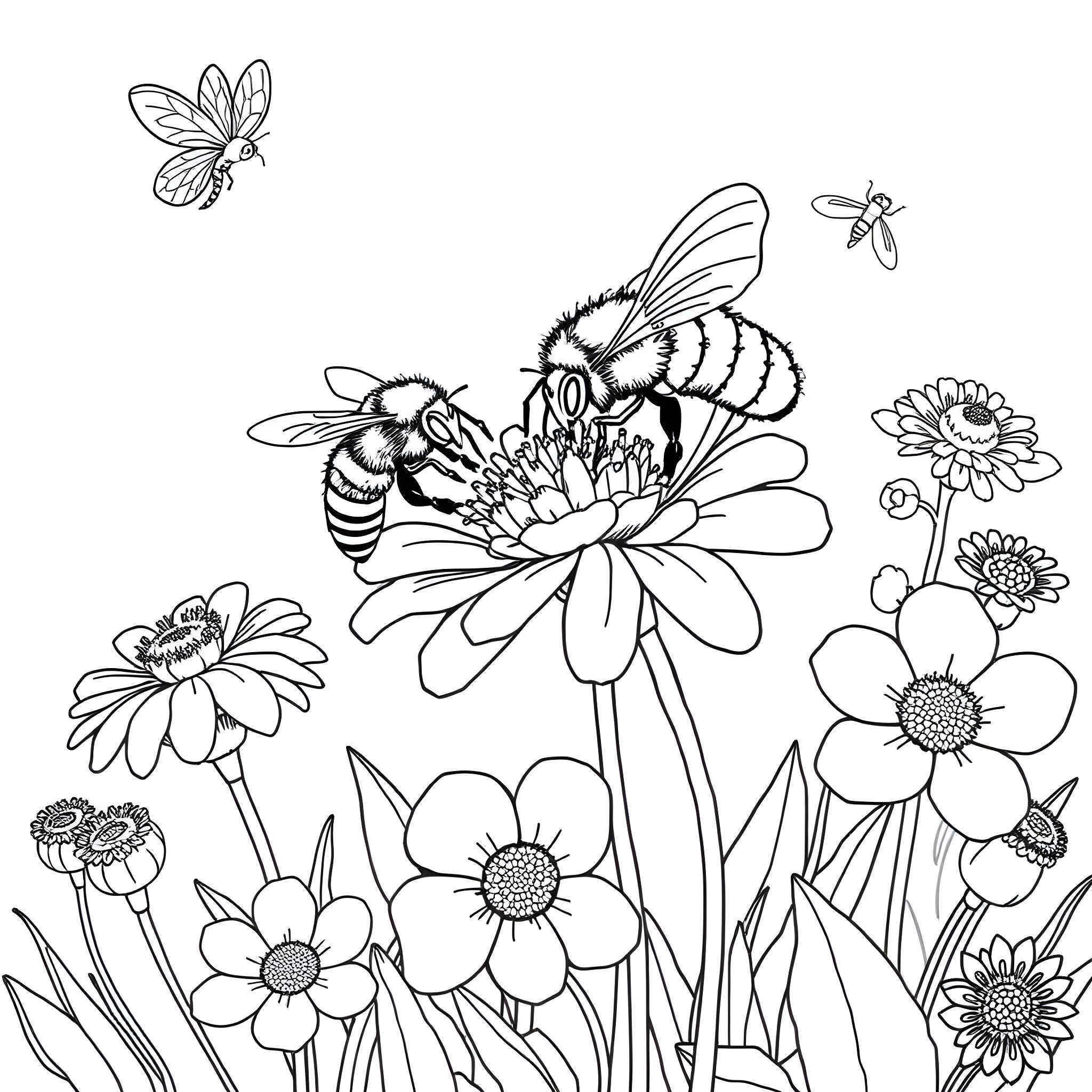 Bee pollinating flowers in a garden Coloring Page (free black-and-white line drawing printable PDF for all, from beginners to advanced learners, including children, teens, adults, and seniors)