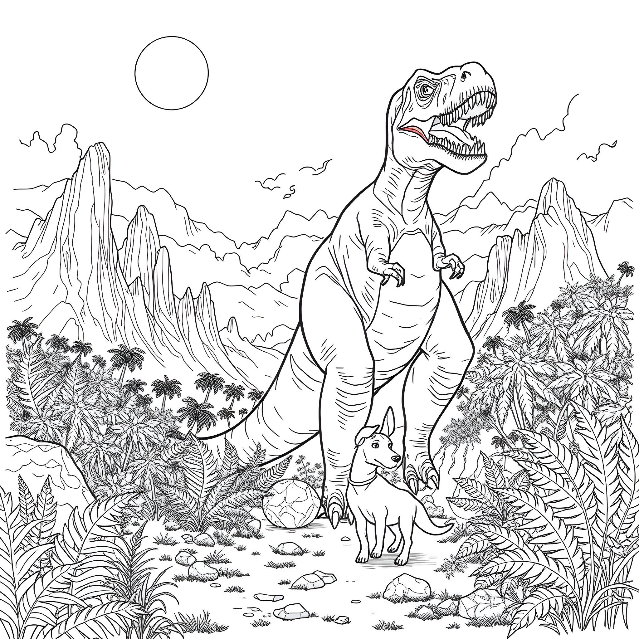 Dinosaur roaming through prehistoric landscape Coloring Page (free black-and-white line drawing printable PDF for all, from beginners to advanced learners, including children, teens, adults, and seniors)