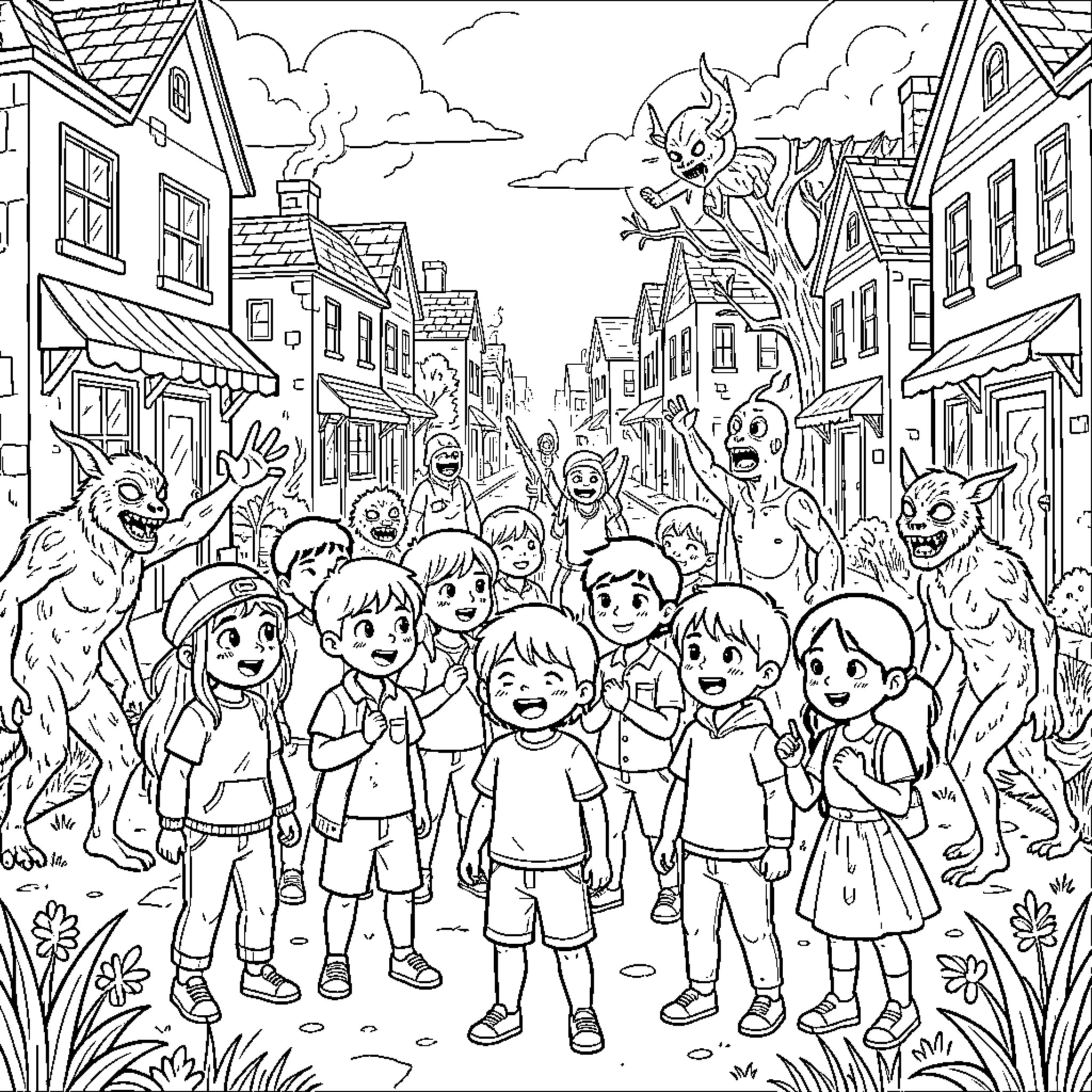Stranger Things: Children's Spooky Adventure in the Town Coloring Page (free black-and-white line drawing printable PDF for all, from beginners to advanced learners, including children, teens, adults, and seniors)
