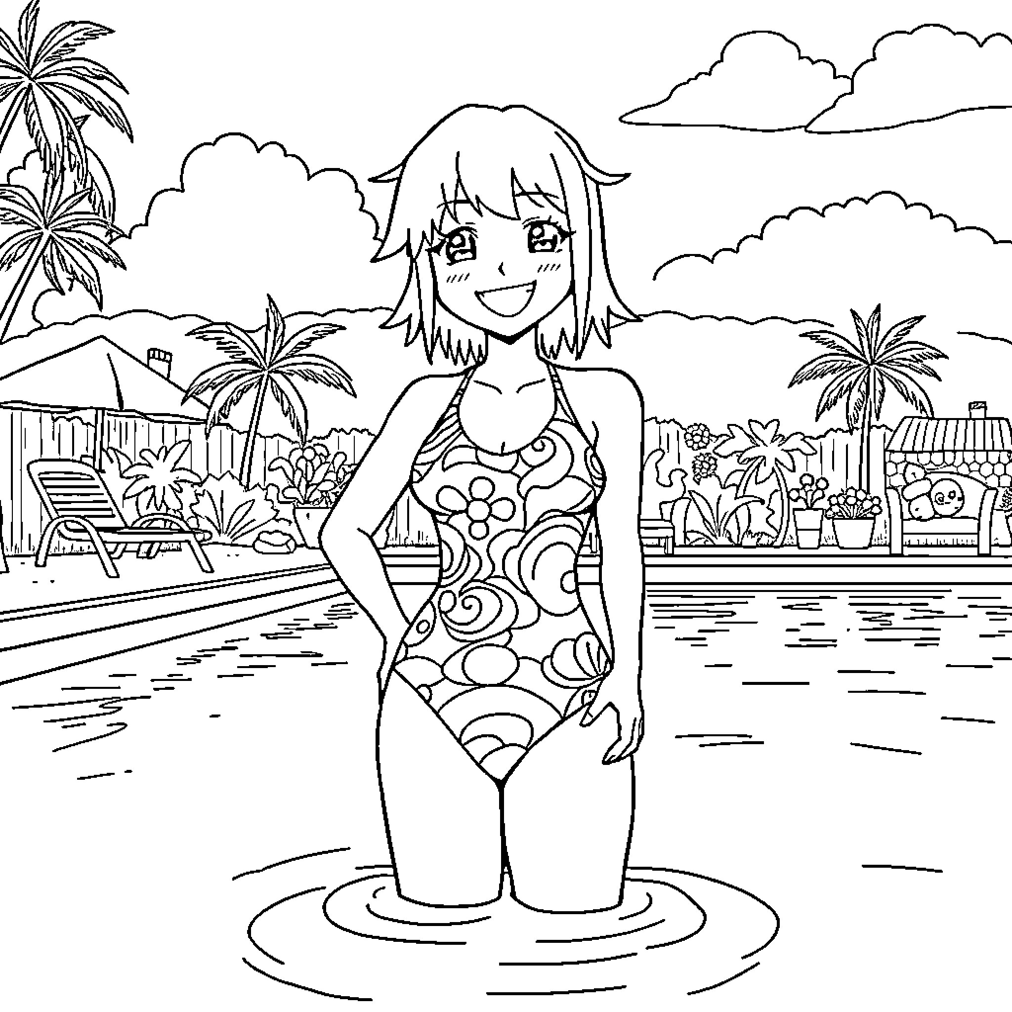 Fubuki enjoying a relaxing day at the beach Coloring Page (free black-and-white line drawing printable PDF for all, from beginners to advanced learners, including children, teens, adults, and seniors)