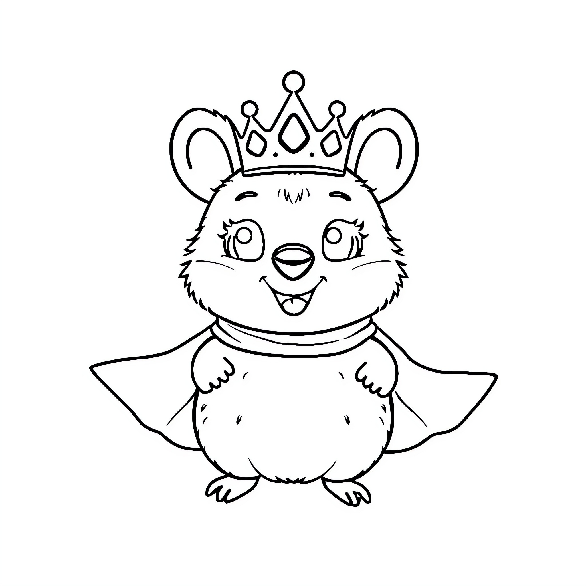 Quokka wearing a crown and cape Coloring Page (free black-and-white line drawing printable PDF for all, from beginners to advanced learners, including children, teens, adults, and seniors)