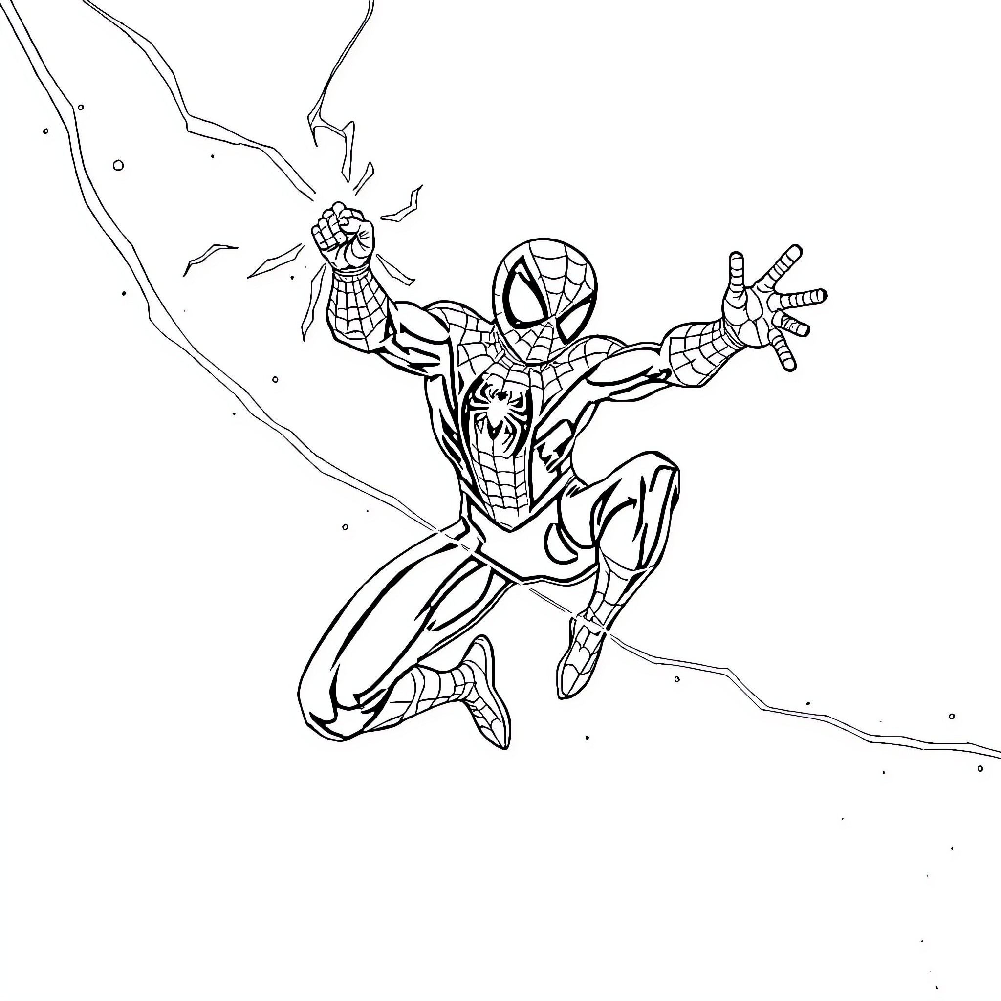 Spiderman swinging in action with heroic pose Coloring Page (free black-and-white line drawing printable PDF for all, from beginners to advanced learners, including children, teens, adults, and seniors)