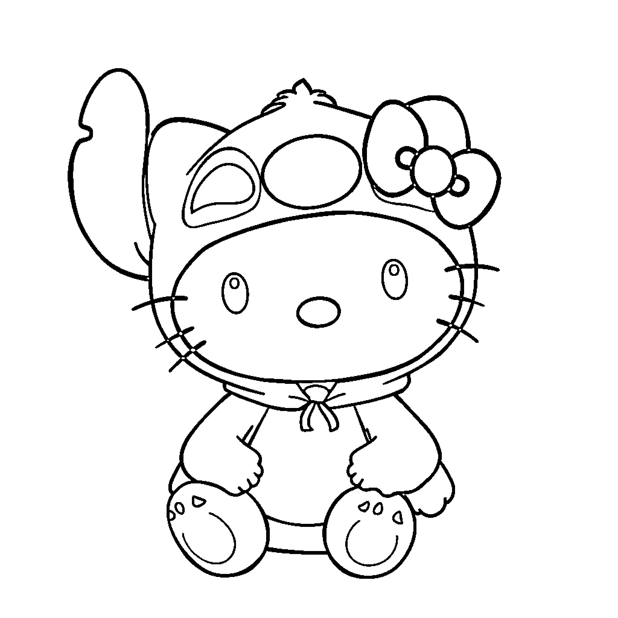 Hello Kitty in Stitch Costume Coloring Page (free black-and-white line drawing printable PDF for all, from beginners to advanced learners, including children, teens, adults, and seniors)