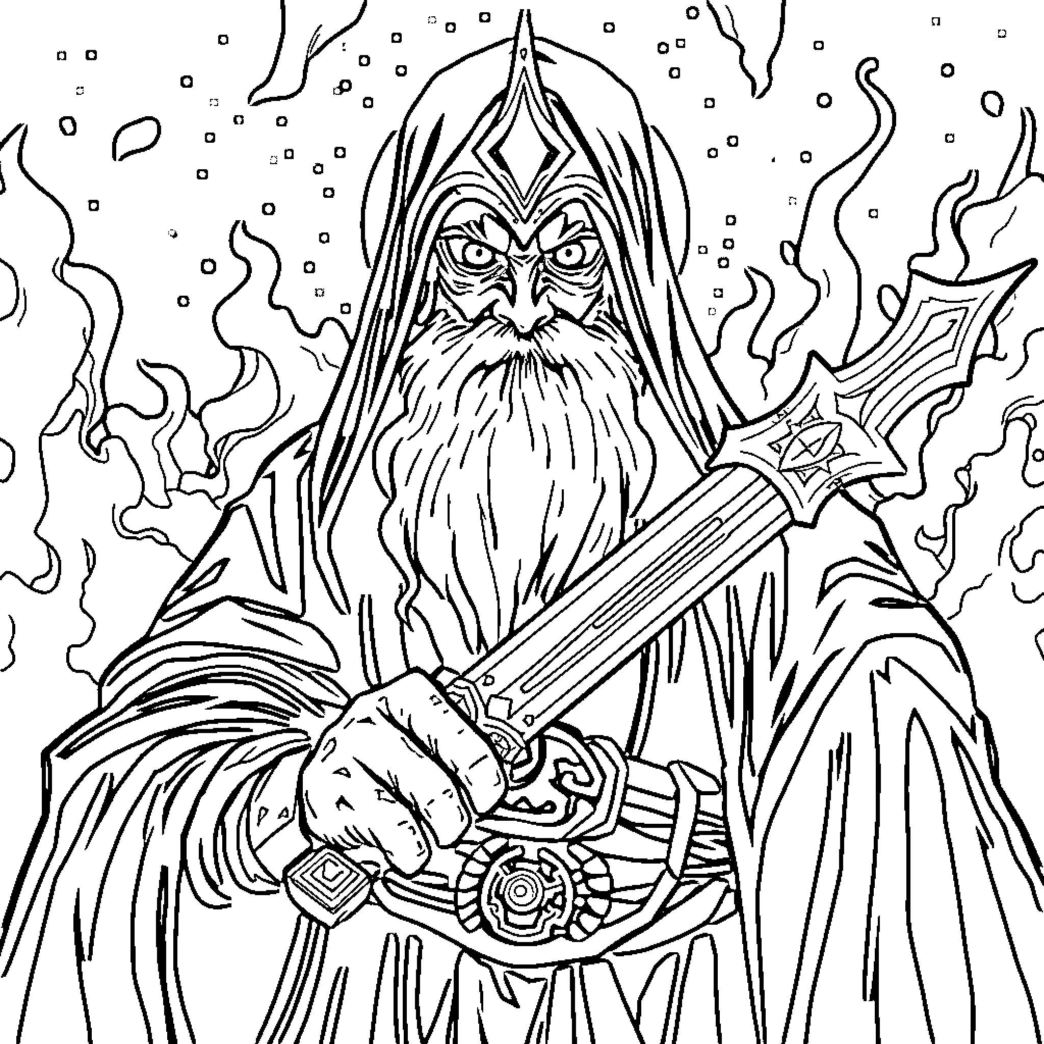 DnDjonah: Wizard wielding magical staff amid swirling energy Coloring Page (free black-and-white line drawing printable PDF for all, from beginners to advanced learners, including children, teens, adults, and seniors)