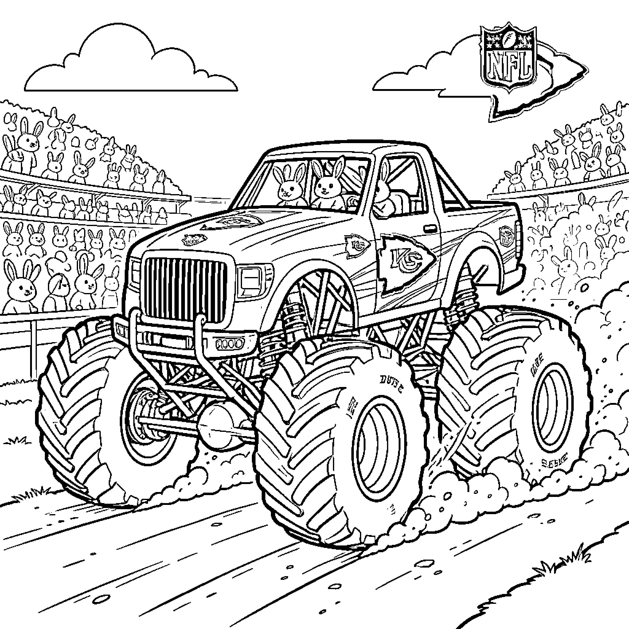 Monster Truck driven by rabbits racing through a crowd Coloring Page (free black-and-white line drawing printable PDF for all, from beginners to advanced learners, including children, teens, adults, and seniors)