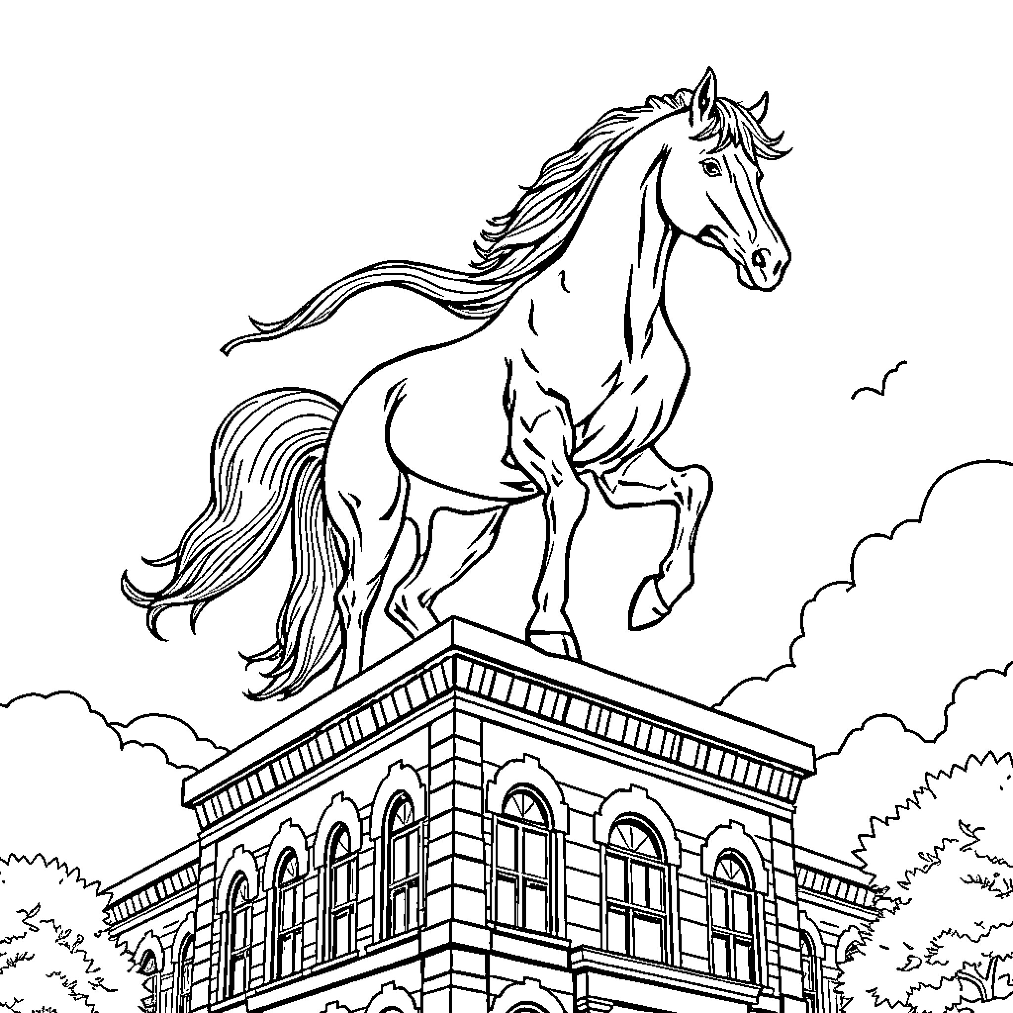 Mustang leaping atop historic building Coloring Page (free black-and-white line drawing printable PDF for all, from beginners to advanced learners, including children, teens, adults, and seniors)