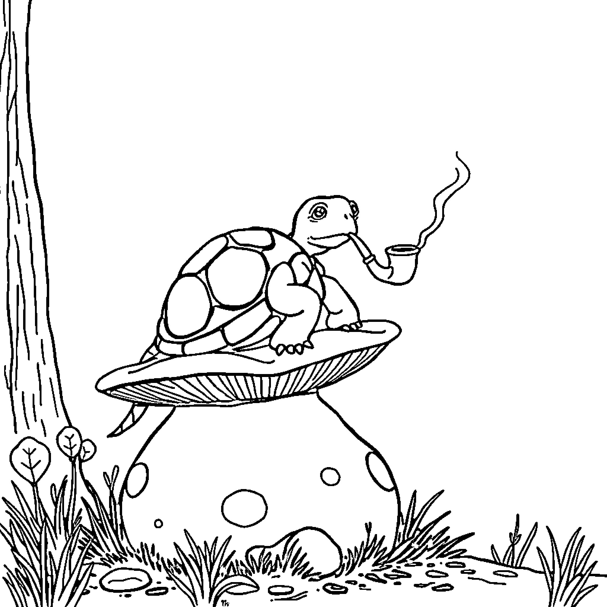 Turtle relaxing on mushroom and smoking pipe Coloring Page (free black-and-white line drawing printable PDF for all, from beginners to advanced learners, including children, teens, adults, and seniors)