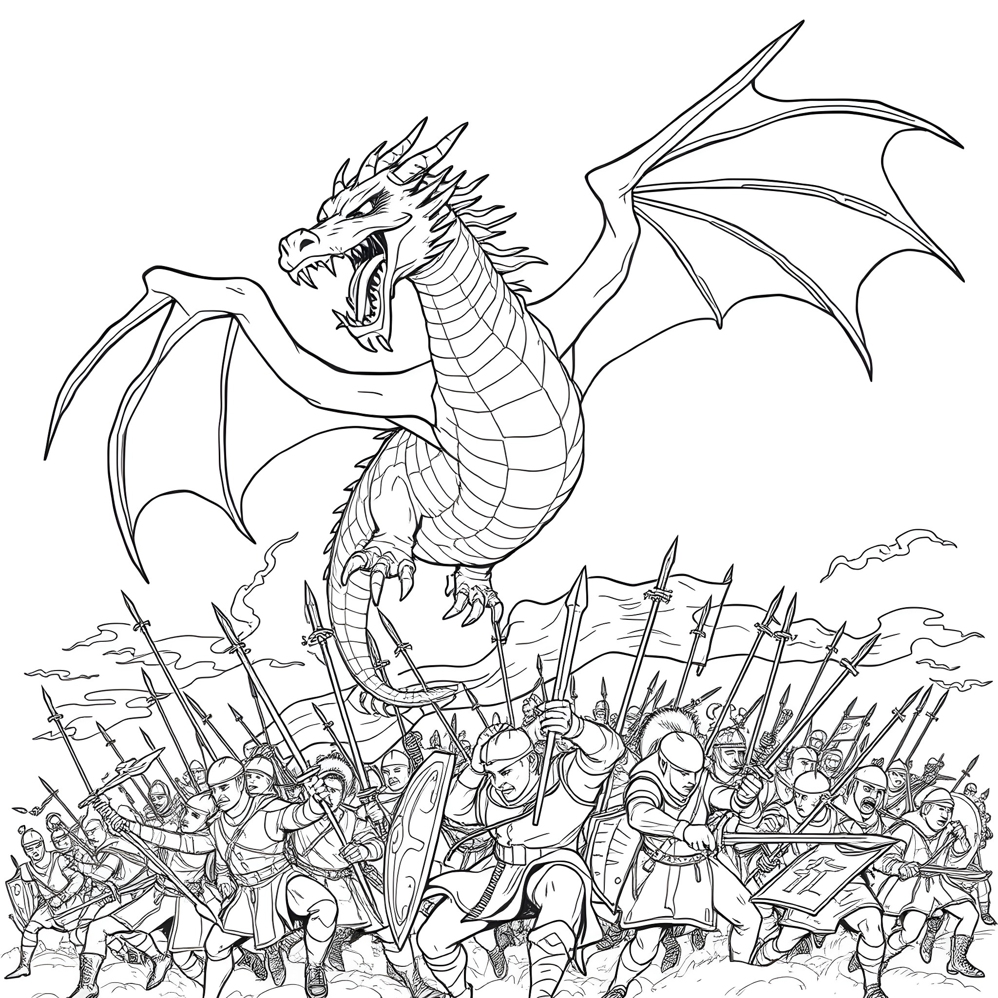 Dragon attacking a fearsome army of warriors Coloring Page (free black-and-white line drawing printable PDF for all, from beginners to advanced learners, including children, teens, adults, and seniors)