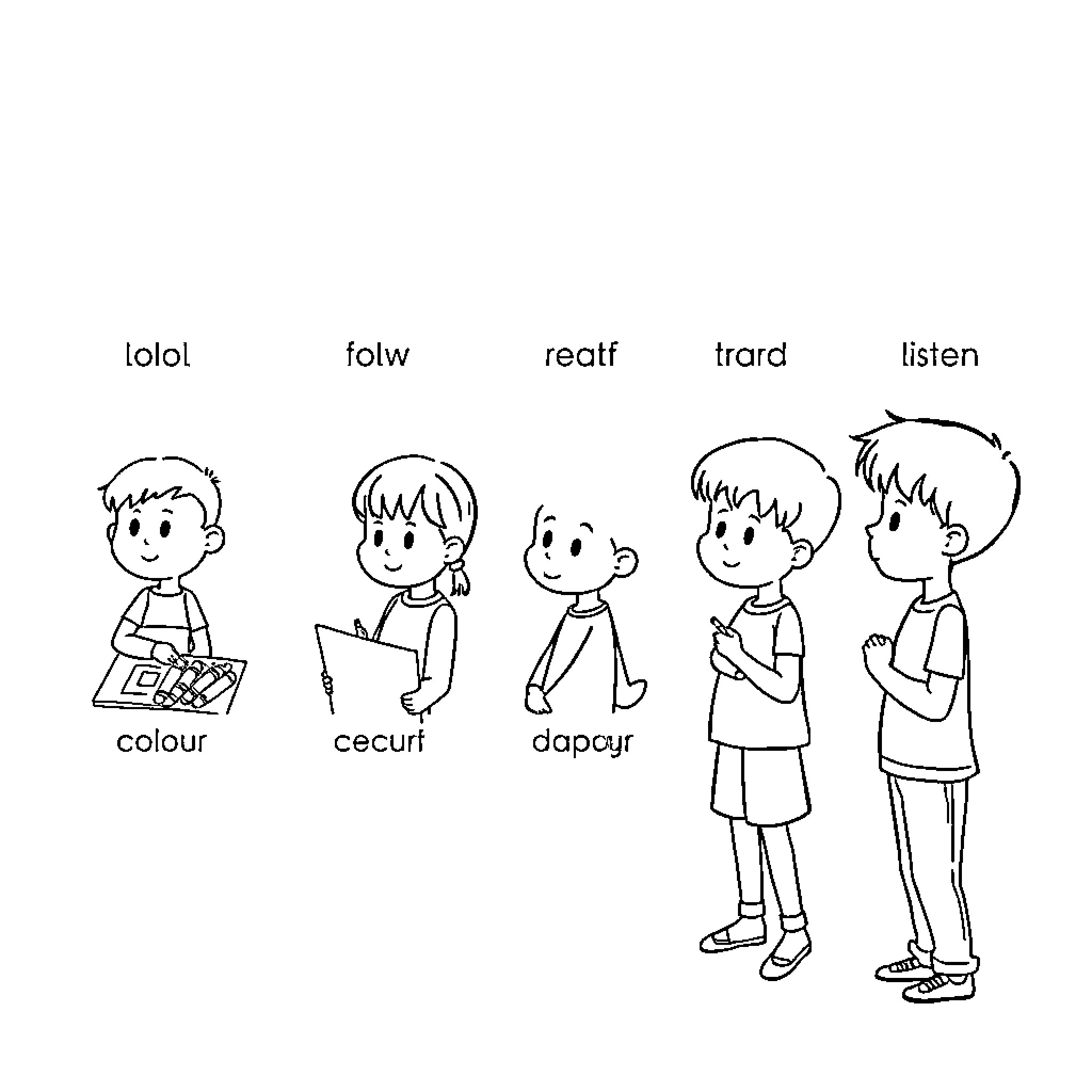 Instruction for group of children's actions and expressions Coloring Page (free black-and-white line drawing printable PDF for all, from beginners to advanced learners, including children, teens, adults, and seniors)