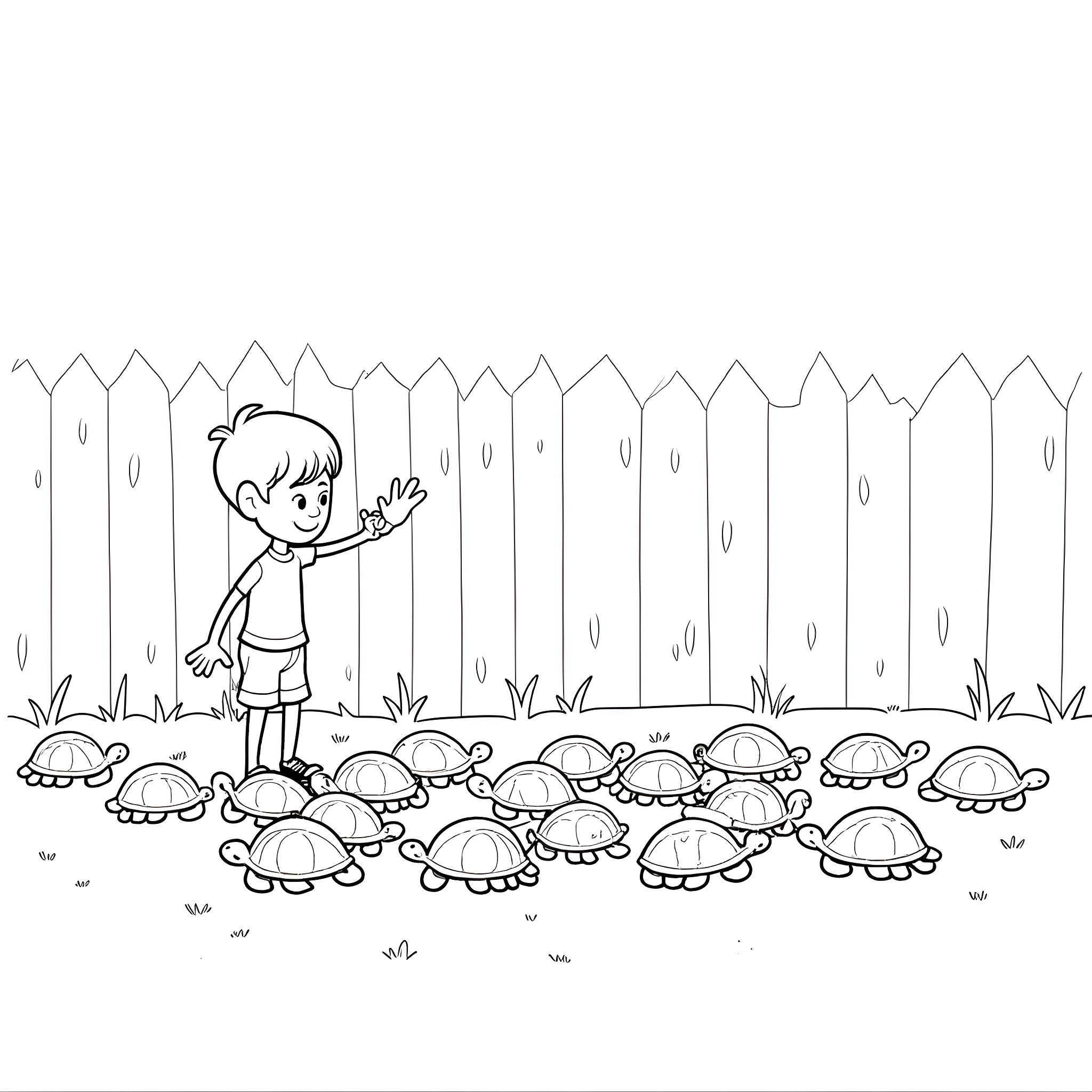 Boy exploring turtles in the backyard Coloring Page (free black-and-white line drawing printable PDF for all, from beginners to advanced learners, including children, teens, adults, and seniors)