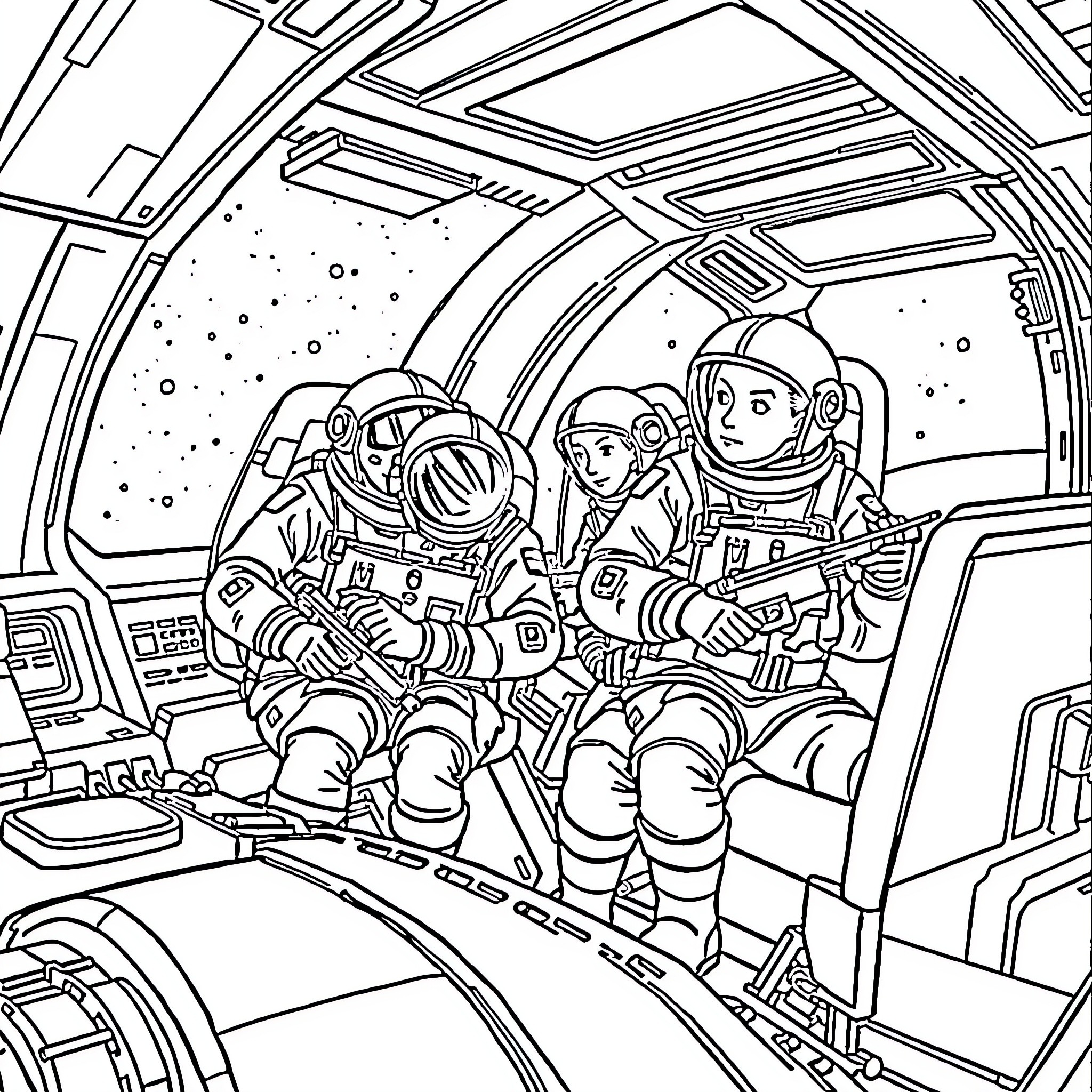 Among Us Astronauts Exploring Space in Spaceship Coloring Page (free black-and-white line drawing printable PDF for all, from beginners to advanced learners, including children, teens, adults, and seniors)