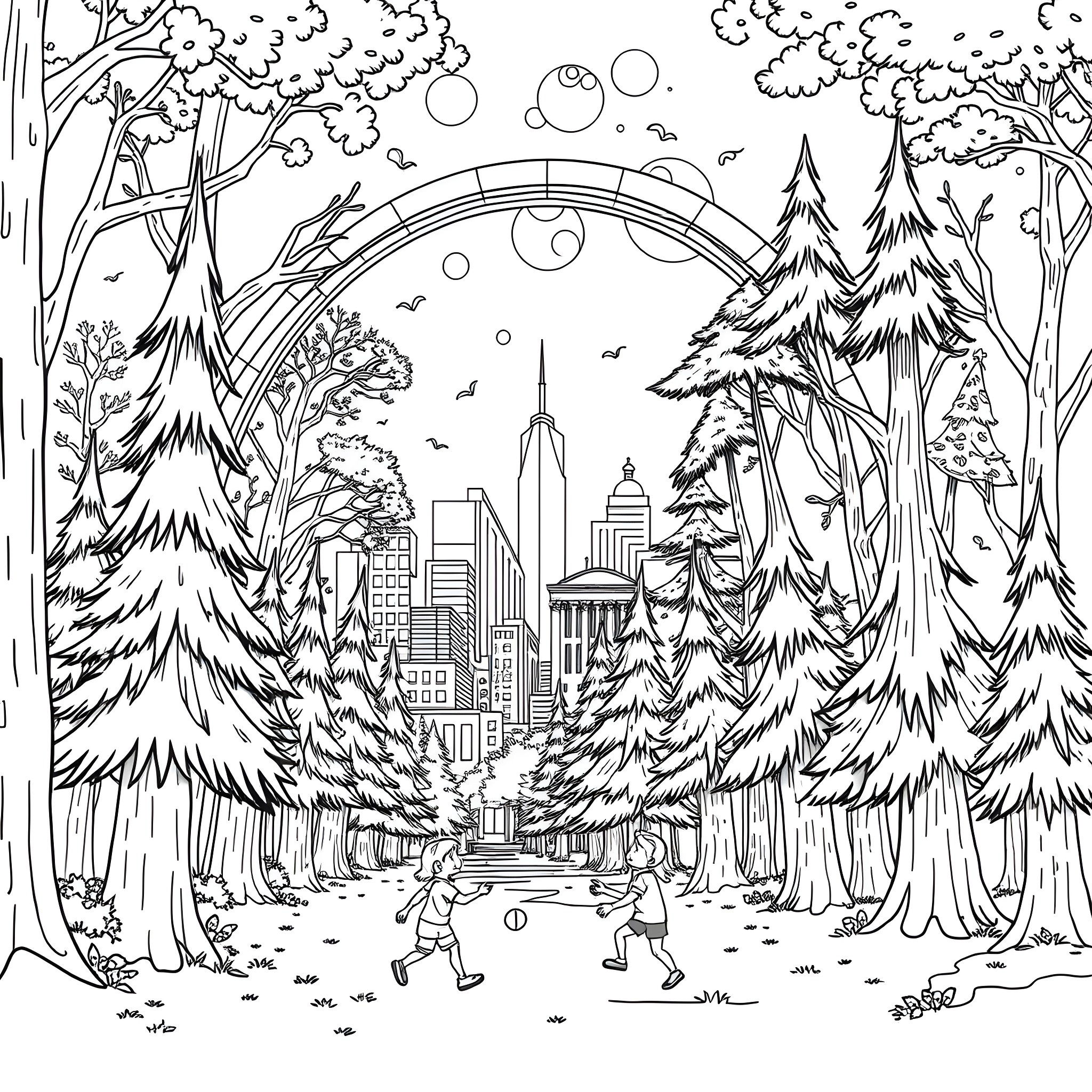 Rainbow Playground in the Enchanted Forest Coloring Page (free black-and-white line drawing printable PDF for all, from beginners to advanced learners, including children, teens, adults, and seniors)