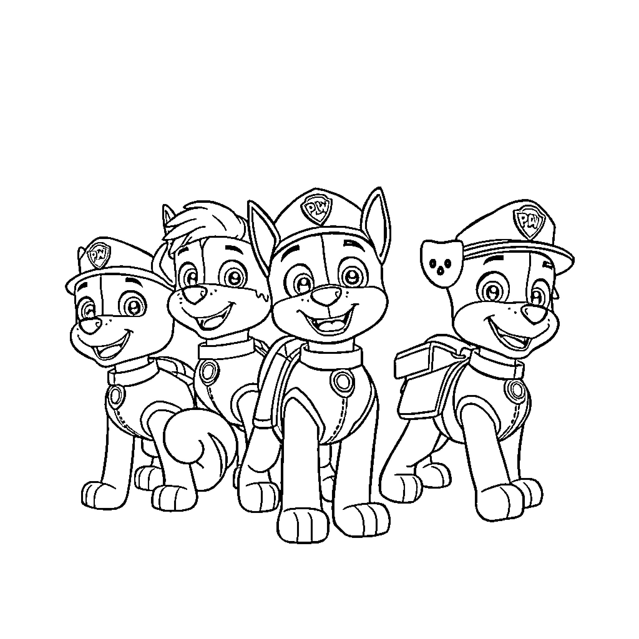 Paw Patrol pups posing together with happy expressions Coloring Page (free black-and-white line drawing printable PDF for all, from beginners to advanced learners, including children, teens, adults, and seniors)
