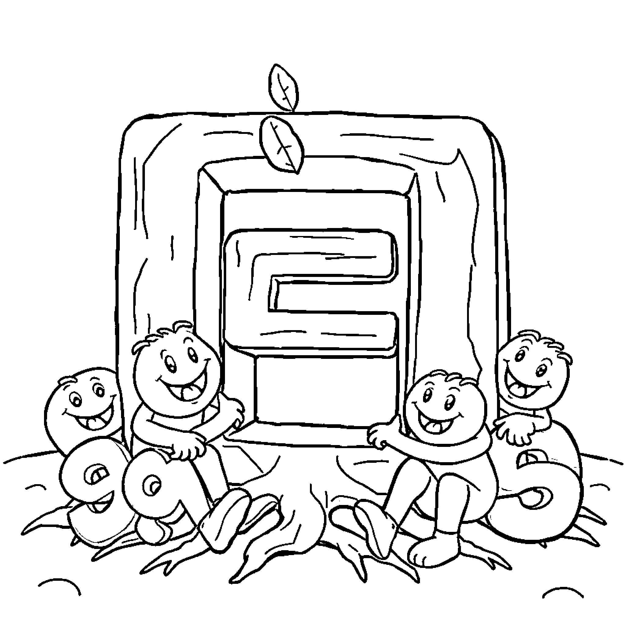 Number 5 Playful Characters in Scene Coloring Page (free black-and-white line drawing printable PDF for all, from beginners to advanced learners, including children, teens, adults, and seniors)