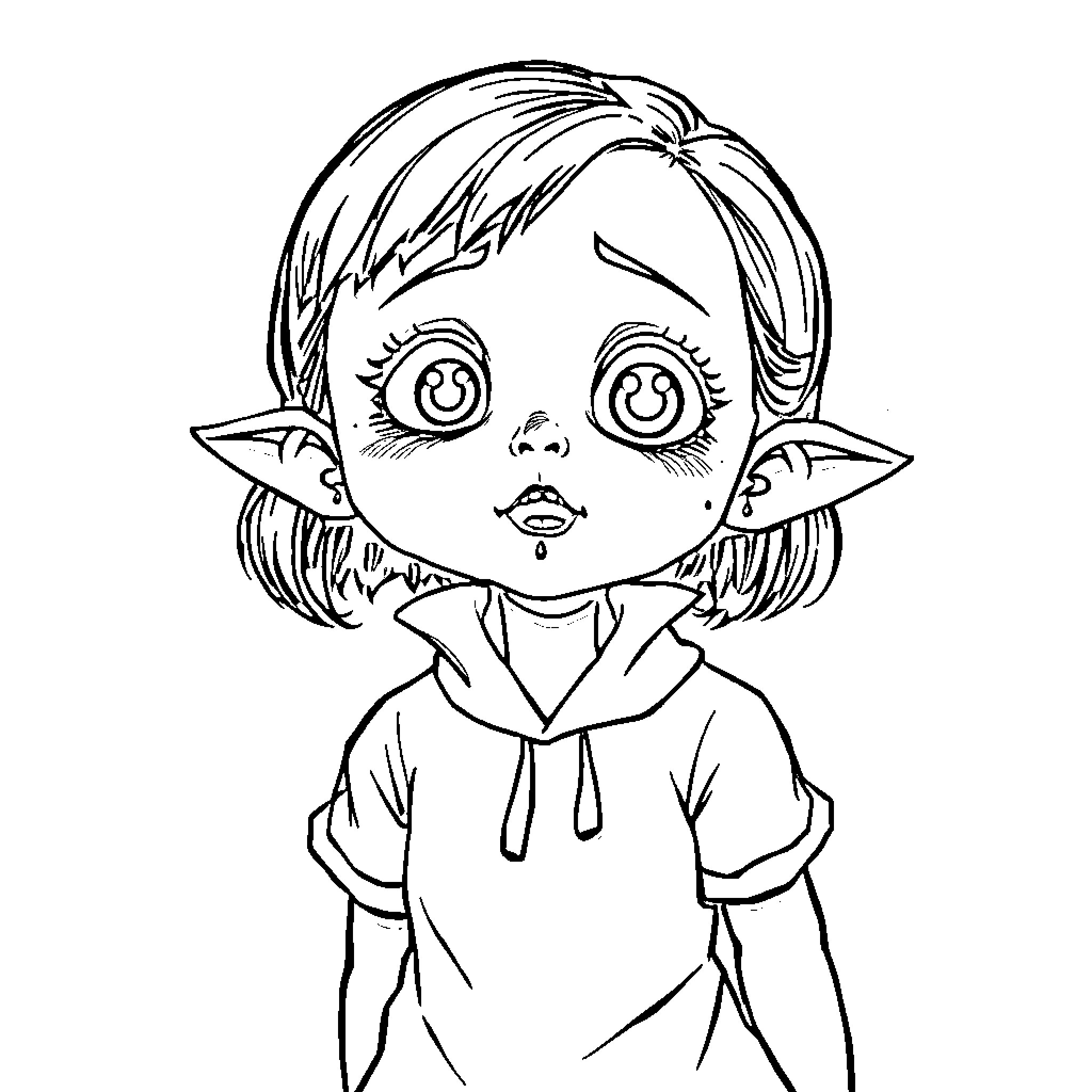 Vampire Child with Curious Expression Coloring Page (free black-and-white line drawing printable PDF for all, from beginners to advanced learners, including children, teens, adults, and seniors)