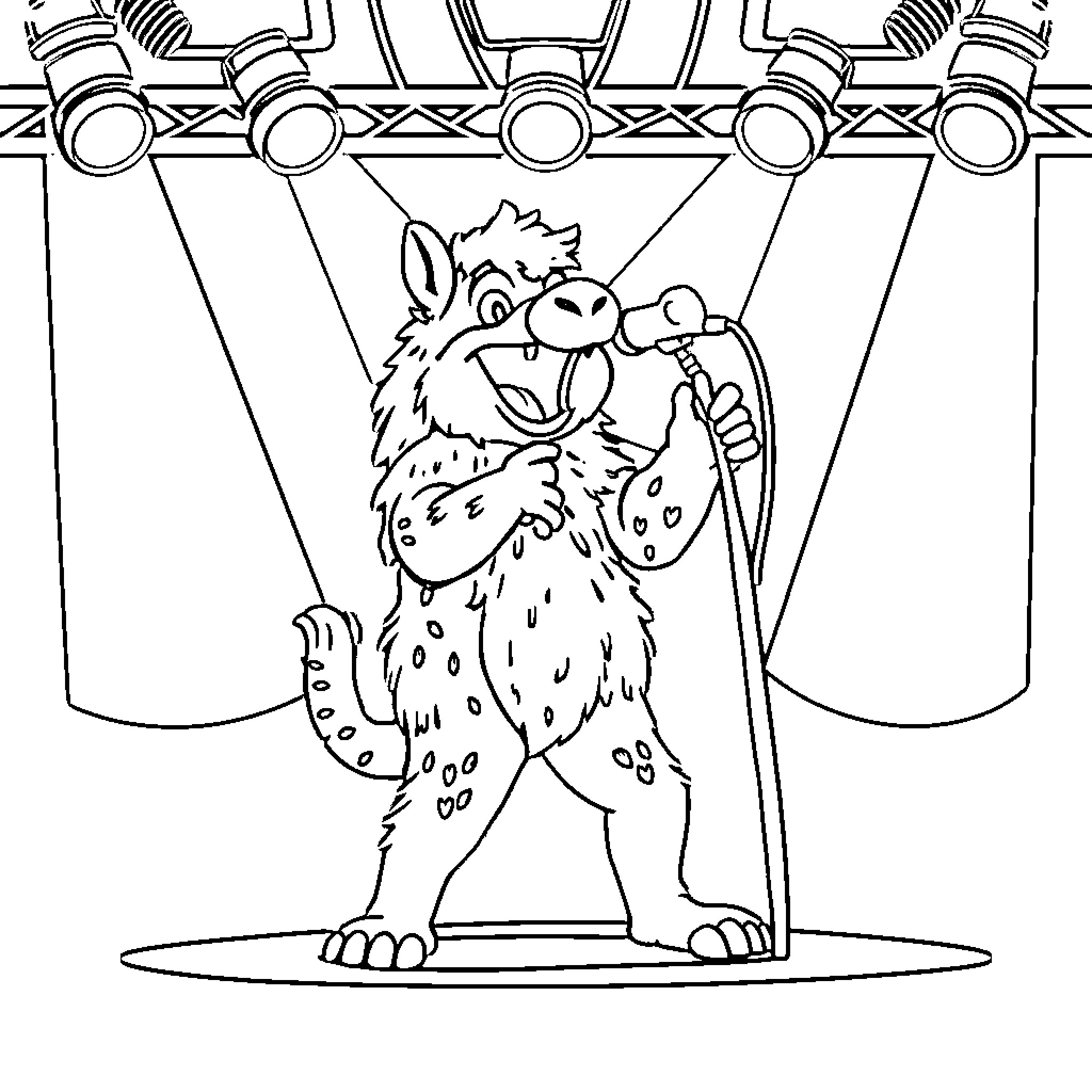 Huntrix Performing on Stage with Theatrical Lights Coloring Page (free black-and-white line drawing printable PDF for all, from beginners to advanced learners, including children, teens, adults, and seniors)