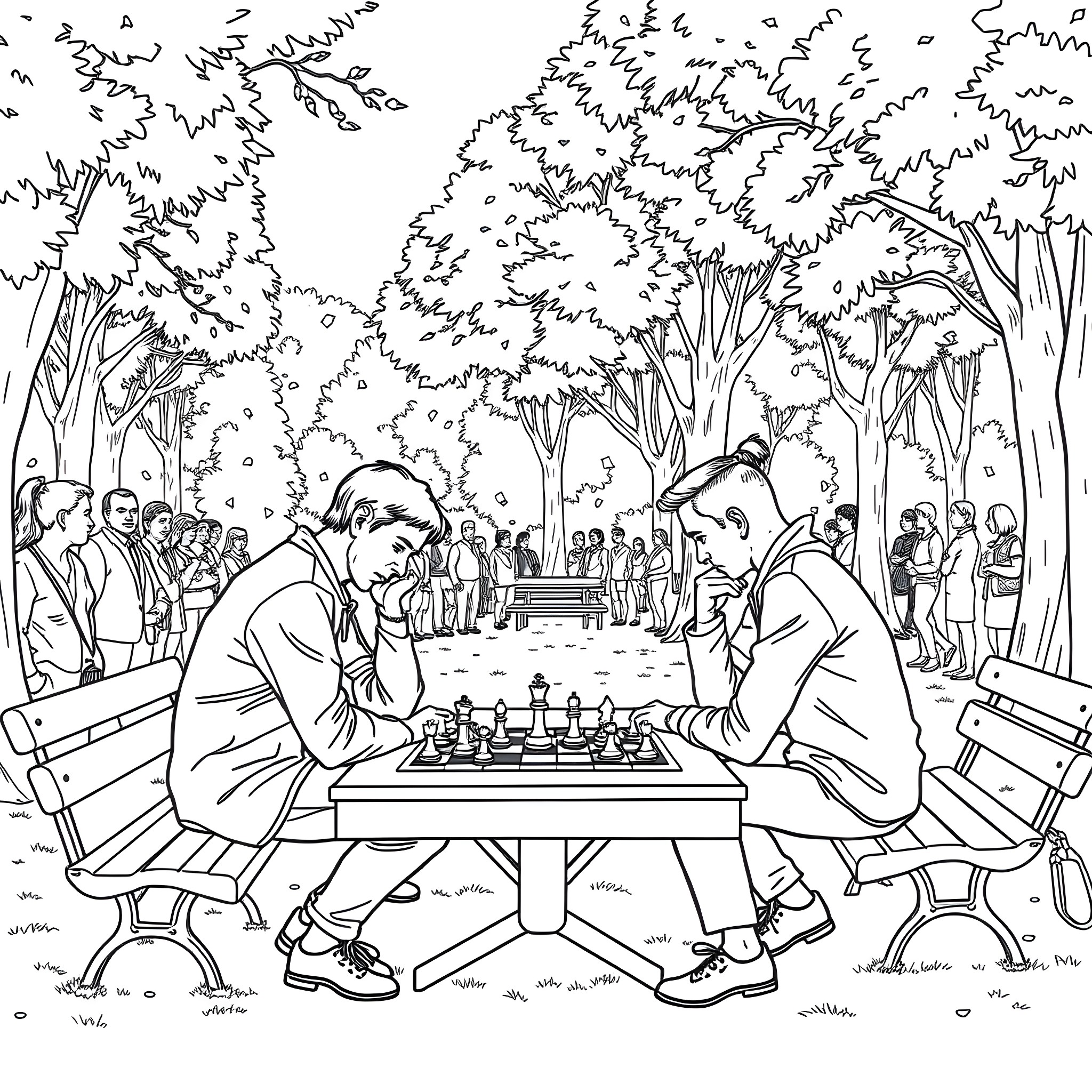 Chess Players in the Park Coloring Page (free black-and-white line drawing printable PDF for all, from beginners to advanced learners, including children, teens, adults, and seniors)