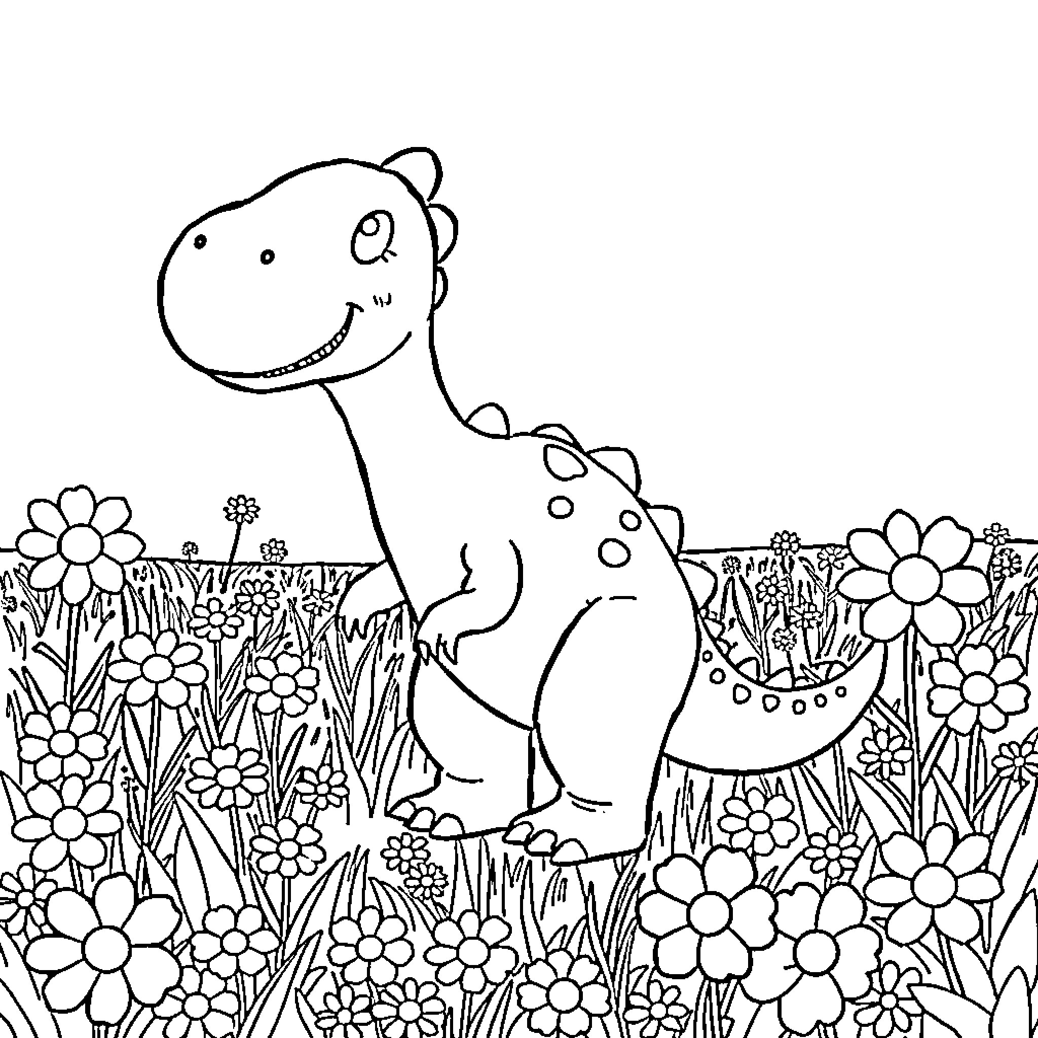 Dinosaurs exploring a floral meadow Coloring Page (free black-and-white line drawing printable PDF for all, from beginners to advanced learners, including children, teens, adults, and seniors)