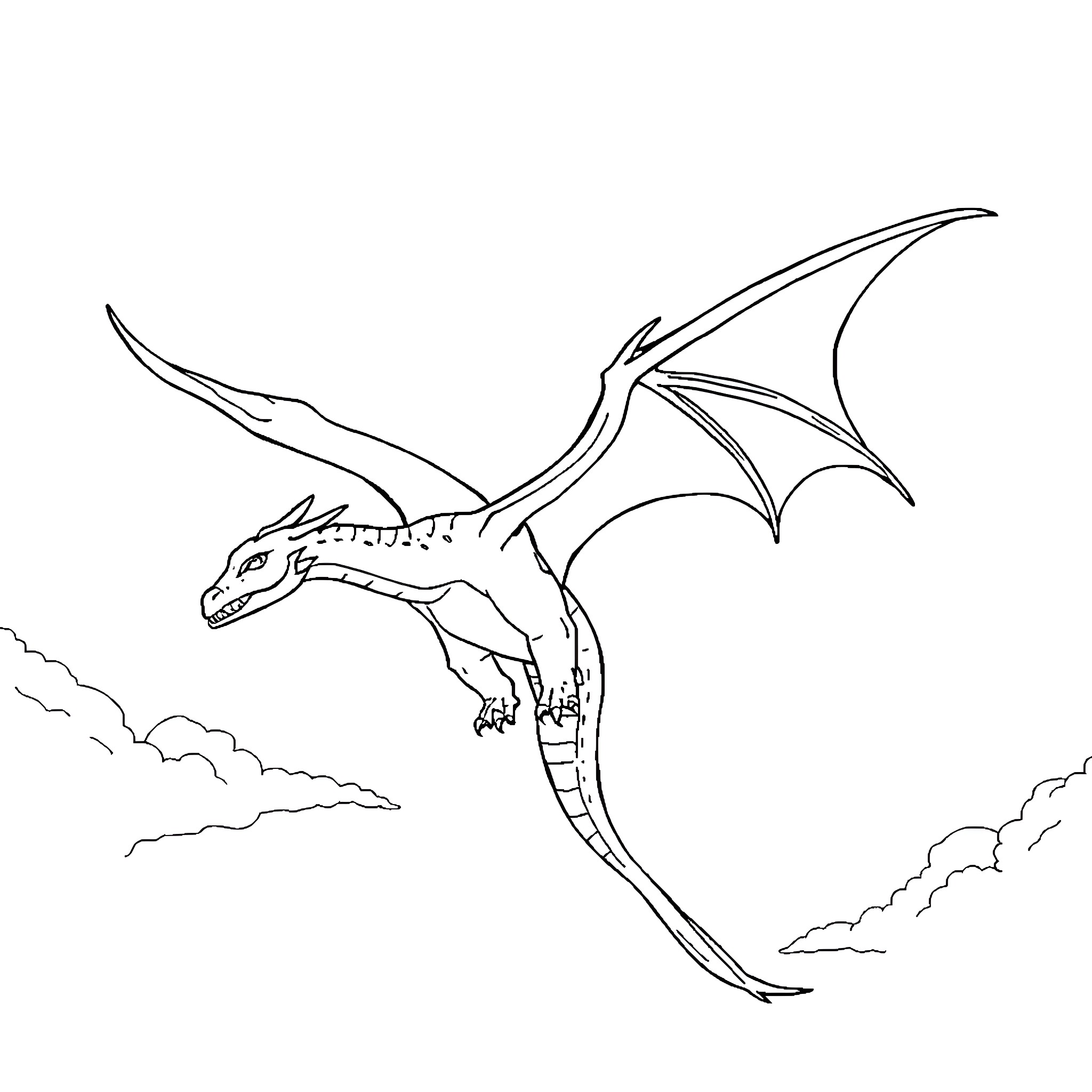 Dragon soaring through the clouds Coloring Page (free black-and-white line drawing printable PDF for all, from beginners to advanced learners, including children, teens, adults, and seniors)
