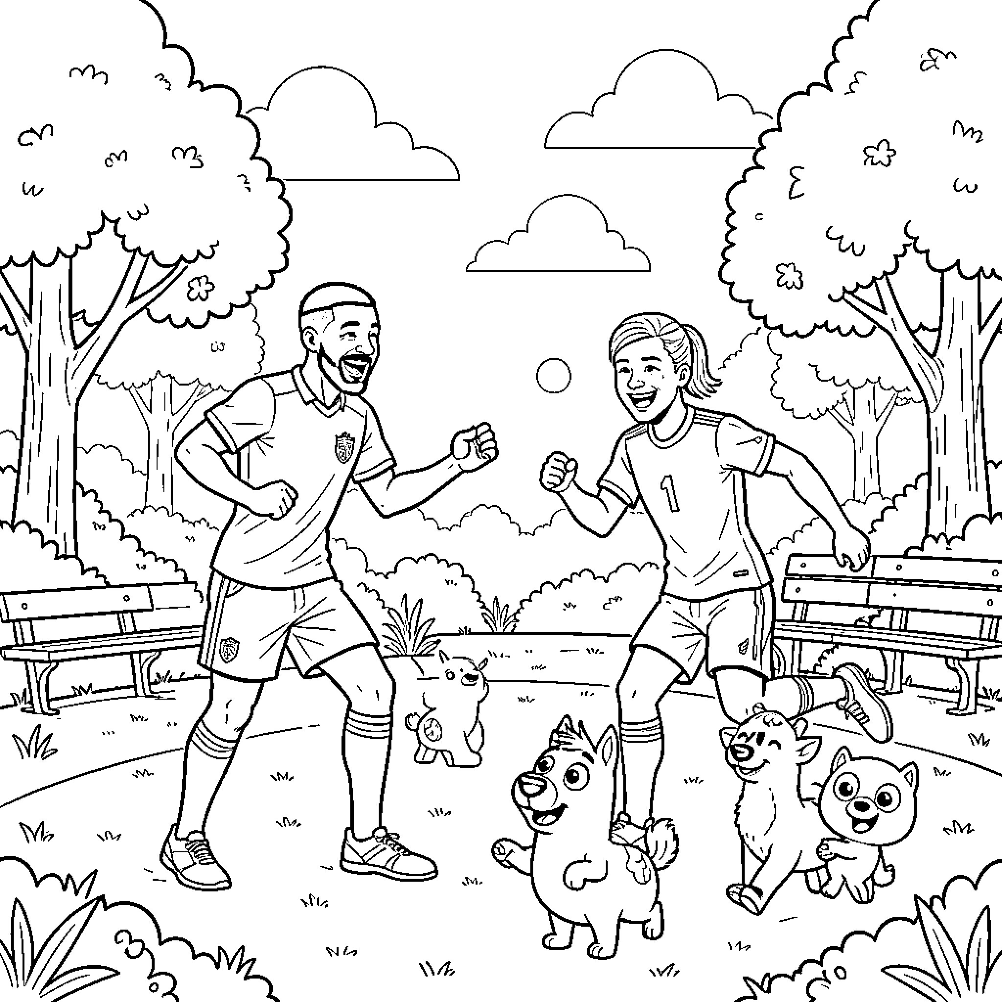 Mbappe running and playing joyfully in a park Coloring Page (free black-and-white line drawing printable PDF for all, from beginners to advanced learners, including children, teens, adults, and seniors)